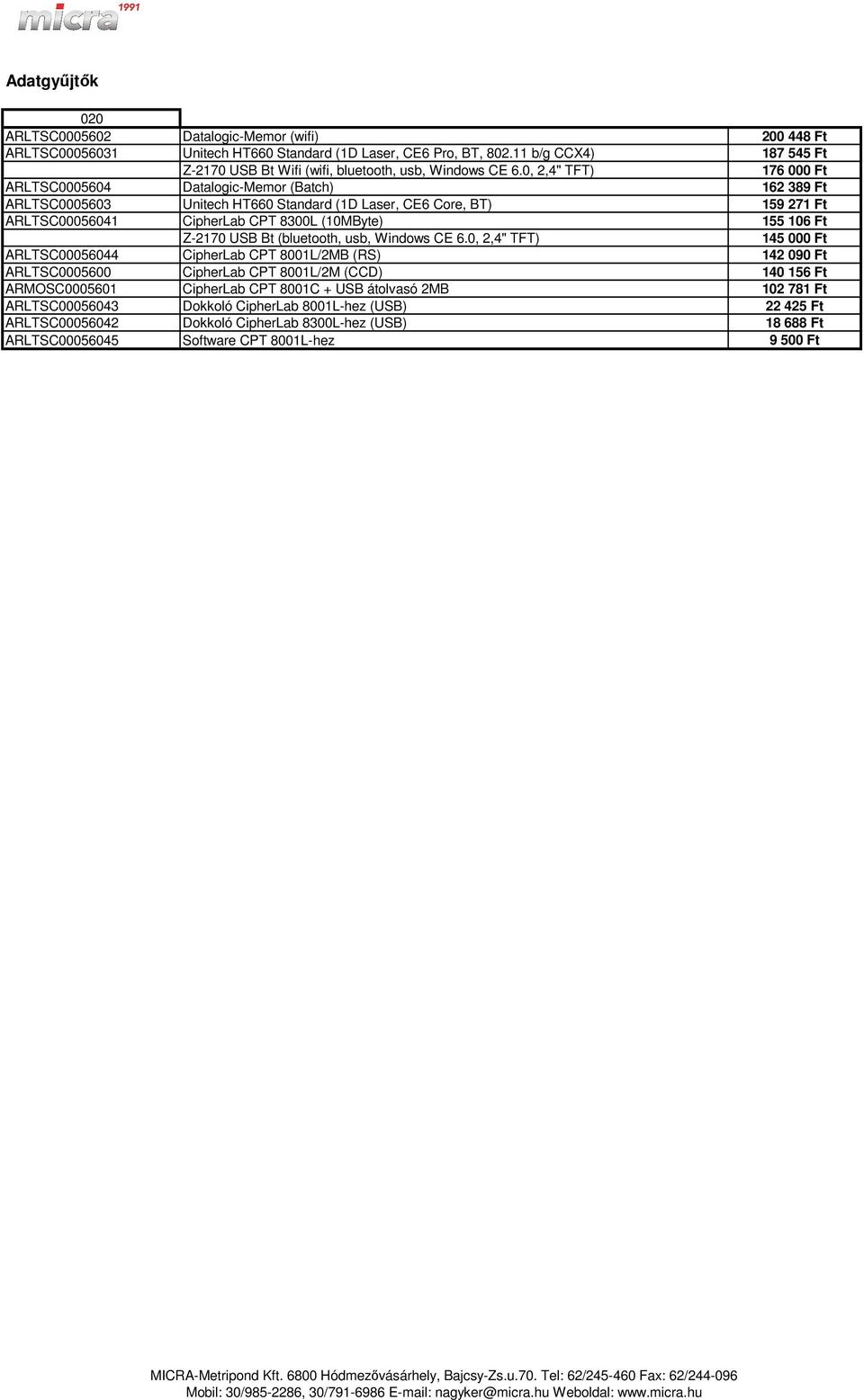 0, 2,4" TFT) 176 000 Ft ARLTSC0005604 Datalogic-Memor (Batch) 162 389 Ft ARLTSC0005603 Unitech HT660 Standard (1D Laser, CE6 Core, BT) 159 271 Ft ARLTSC00056041 CipherLab CPT 8300L (10MByte) 155 106