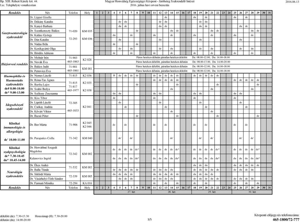 Molnár Irén Dr. Novák Éva Dr. Balázs Judit Dr. Petrovics Éva 71-903 465-1863 71-901 465-1861 K2 028 KM 001 Páros heteken délután páratlan heteken délelőtt De: 08.00-12.00, Du: 14.00-18.