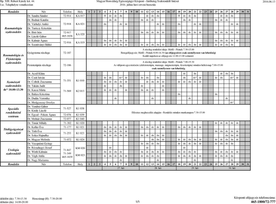 Kalmár Ágnes 72-916 KA 019 Dr. Szentiványi Ildikó Gyógytorna részlege Fizioterápiás részlege Dr. Aczél Klára Dr. Czeti István * * * Dr. Czibók Zsuzsanna 71-351 K1 010 Dr. Takáts Judit Dr.