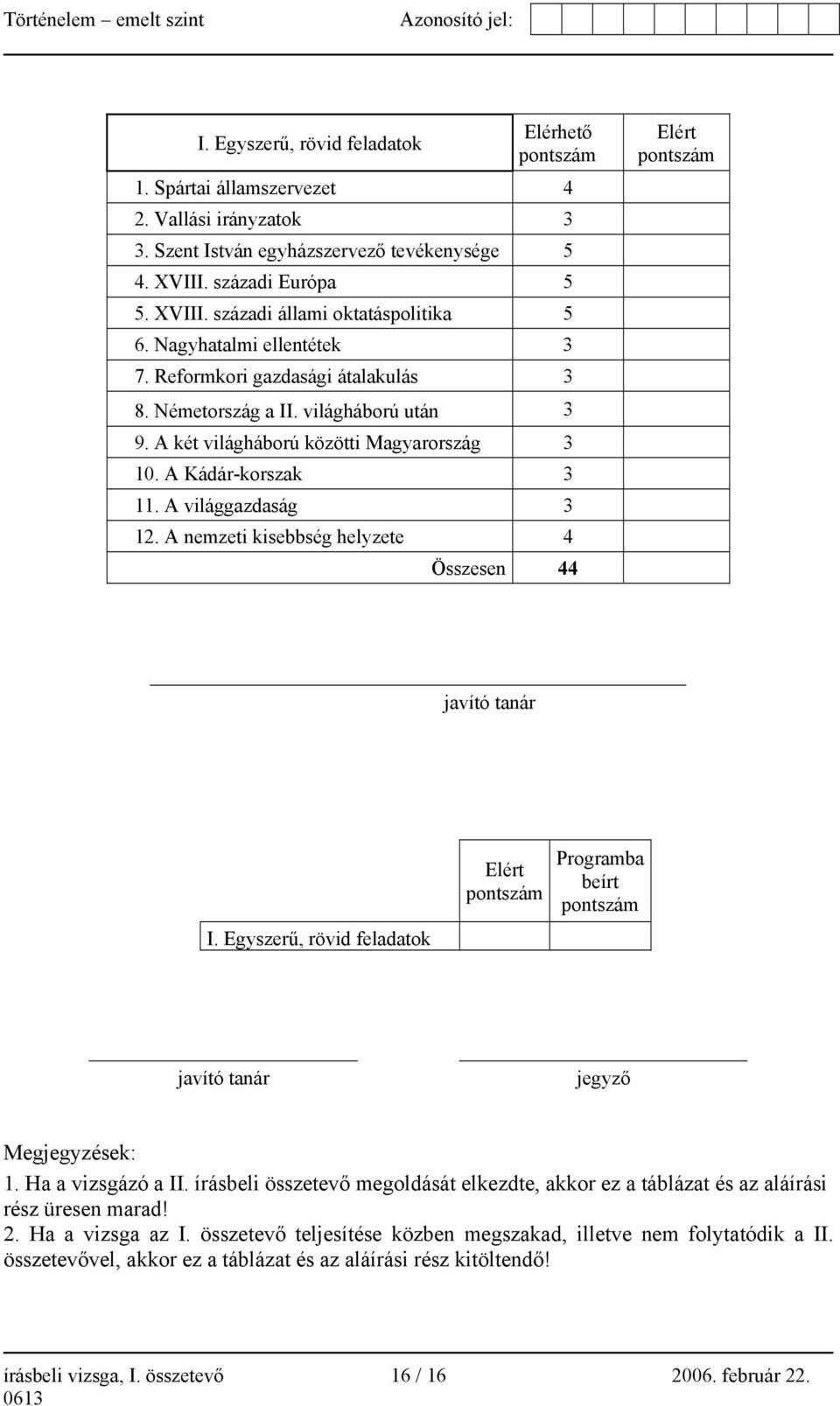 A Kádár-korszak 3 11. A világgazdaság 3 12. A nemzeti kisebbség helyzete 4 Összesen 44 Elért pontszám javító tanár I.