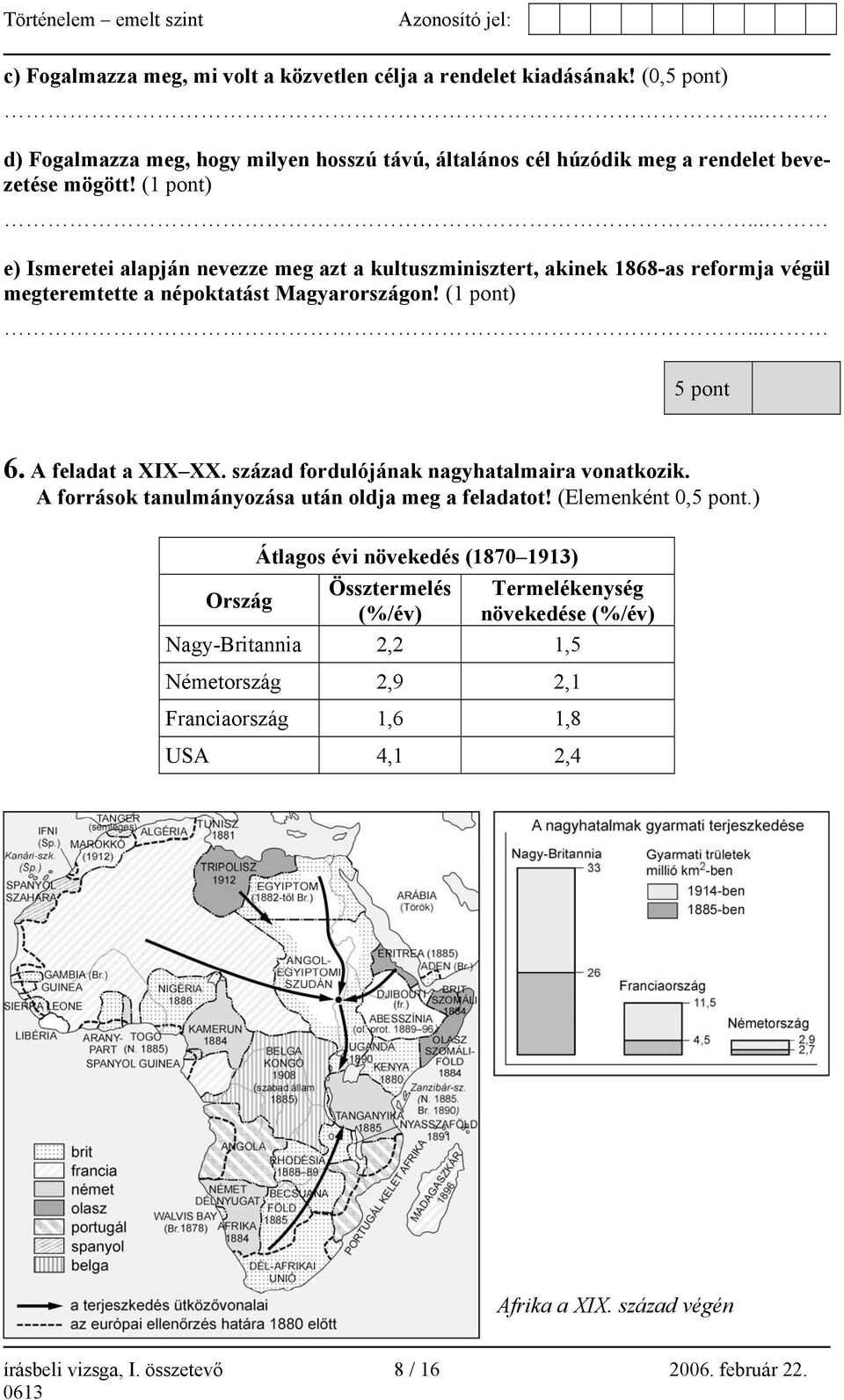 .. e) Ismeretei alapján nevezze meg azt a kultuszminisztert, akinek 1868-as reformja végül megteremtette a népoktatást Magyarországon! (1 pont)... 5 pont 6. A feladat a XIX XX.