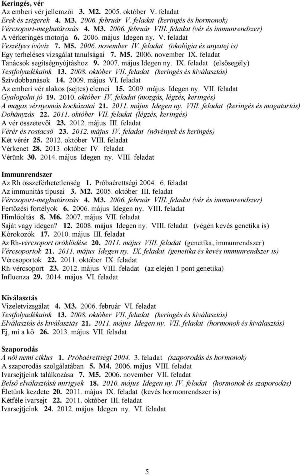 feladat (ökológia és anyatej is) Egy terheléses vizsgálat tanulságai 7. M5. 2006. november IX. feladat Tanácsok segítségnyújtáshoz 9. 2007. május Idegen ny. IX. feladat (elsősegély) Testfolyadékaink 13.