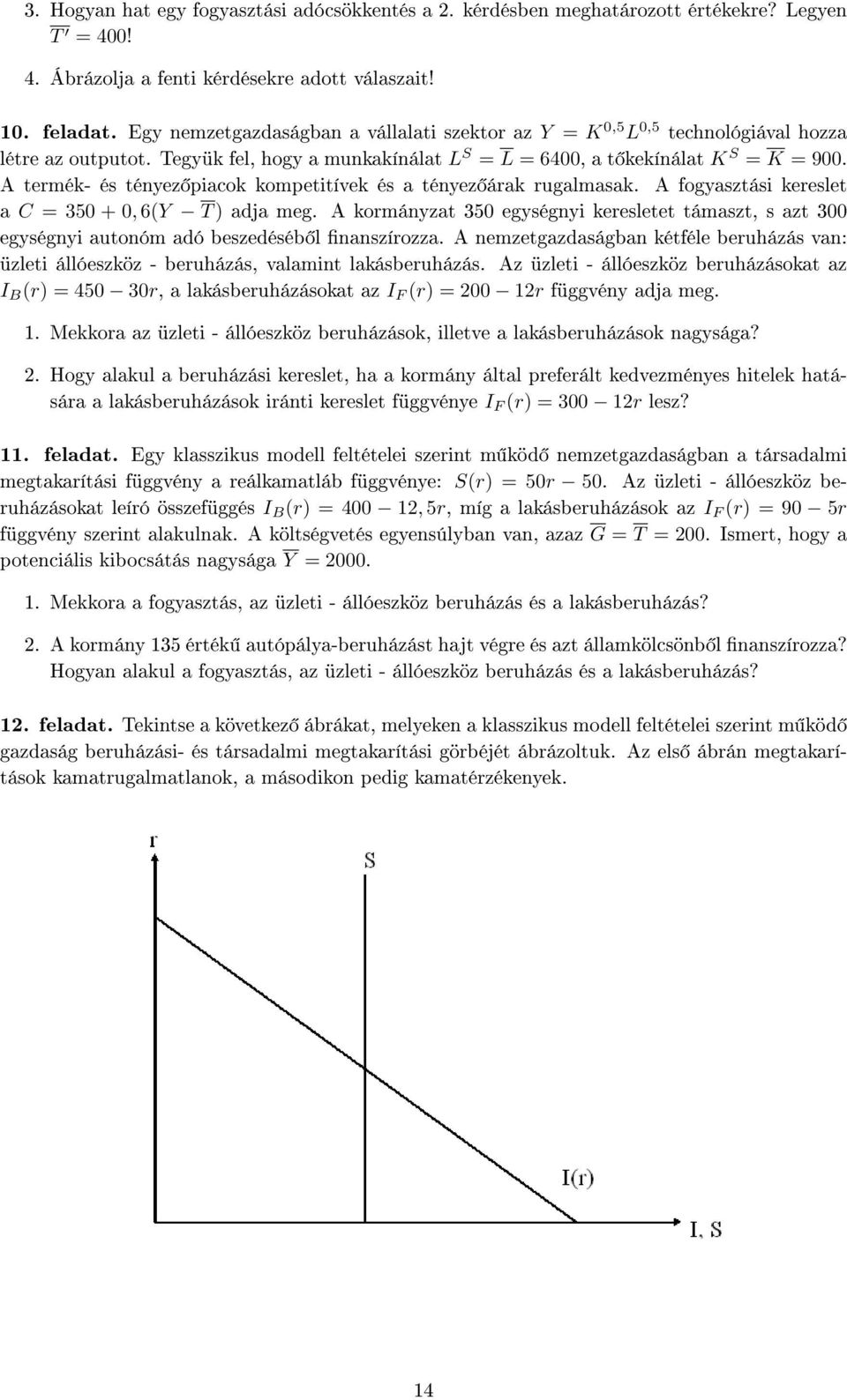 A termék- és tényez piacok kompetitívek és a tényez árak rugalmasak. A fogyasztási kereslet a C = 350 + 0, 6(Y T ) adja meg.