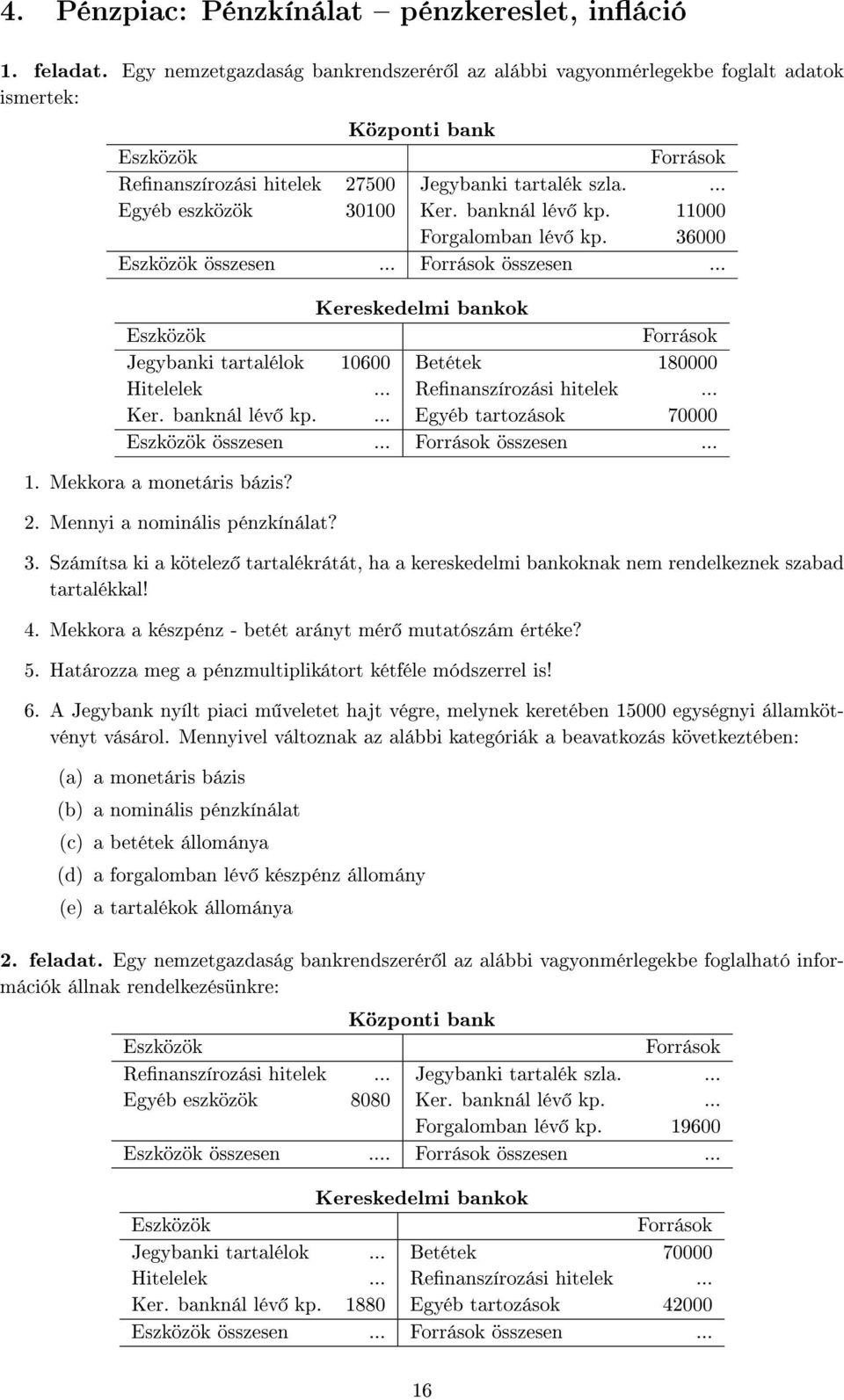 banknál lév kp. 11000 Forgalomban lév kp. 36000 Eszközök összesen... Források összesen... Kereskedelmi bankok Eszközök Források Jegybanki tartalélok 10600 Betétek 180000 Hitelelek.