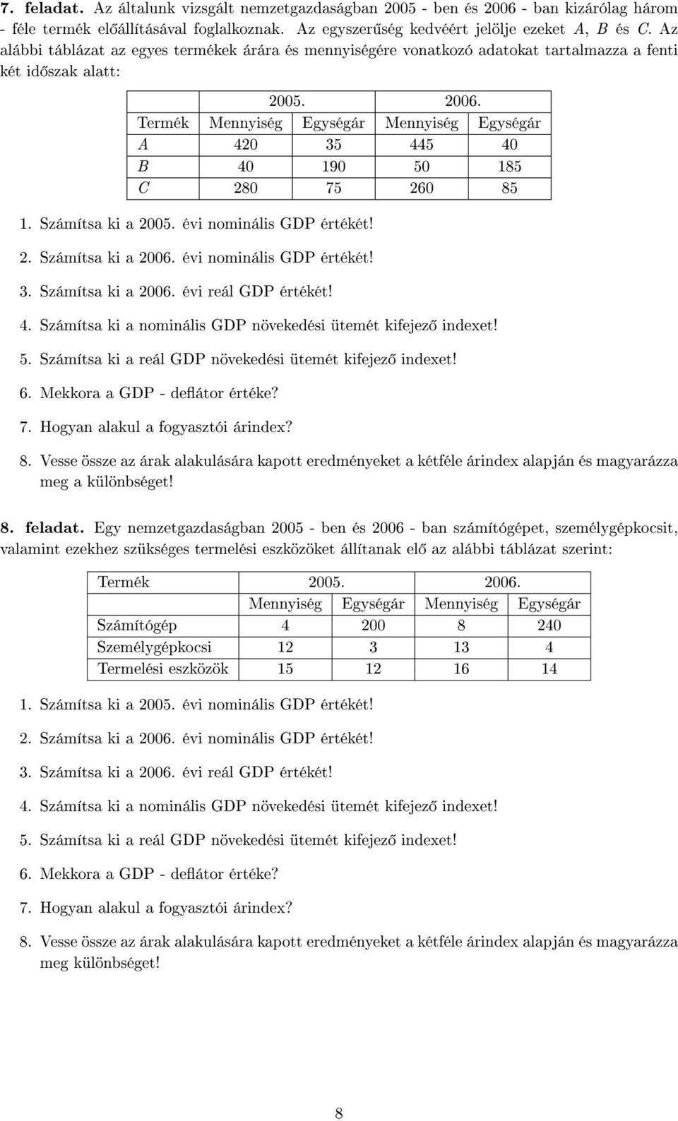 Termék Mennyiség Egységár Mennyiség Egységár A 420 35 445 40 B 40 190 50 185 C 280 75 260 85 1. Számítsa ki a 2005. évi nominális GDP értékét! 2. Számítsa ki a 2006. évi nominális GDP értékét! 3. Számítsa ki a 2006. évi reál GDP értékét!