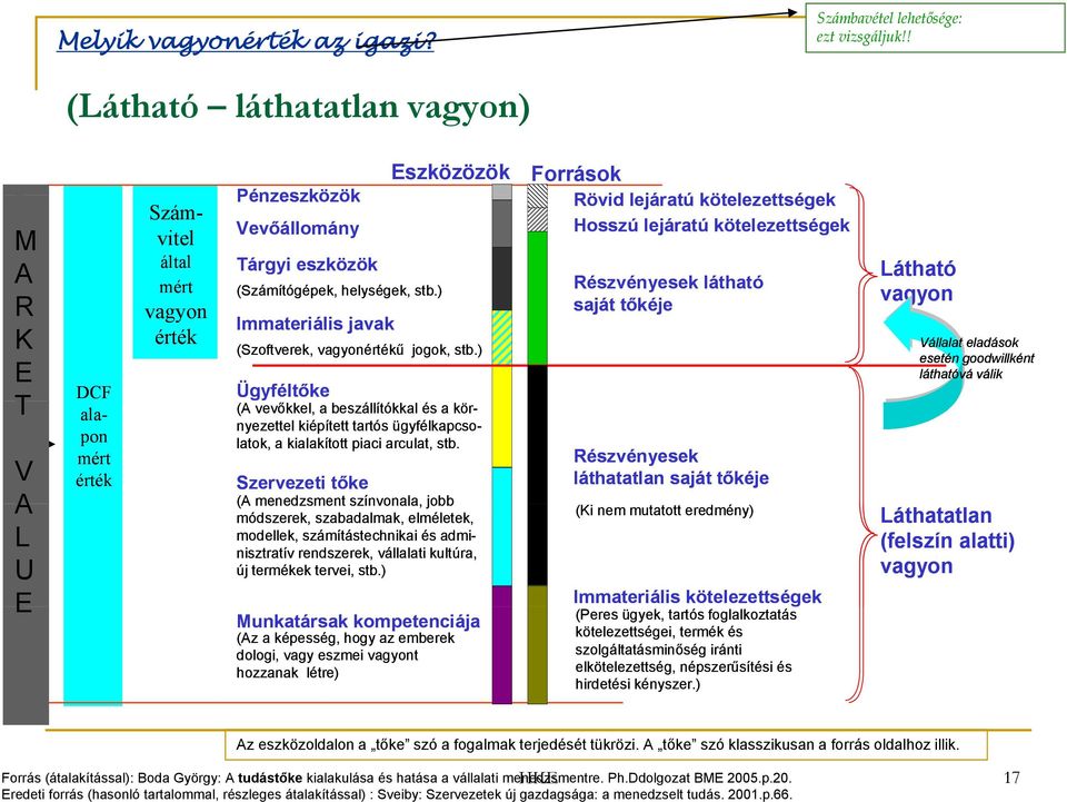 ) Immateriális javak Ügyféltőke Eszközözök (Szoftverek, vagyonértékű jogok, stb.) (A vevőkkel, a beszállítókkal és a környezettel kiépített tartós ügyfélkapcsolatok, a kialakított piaci arculat, stb.