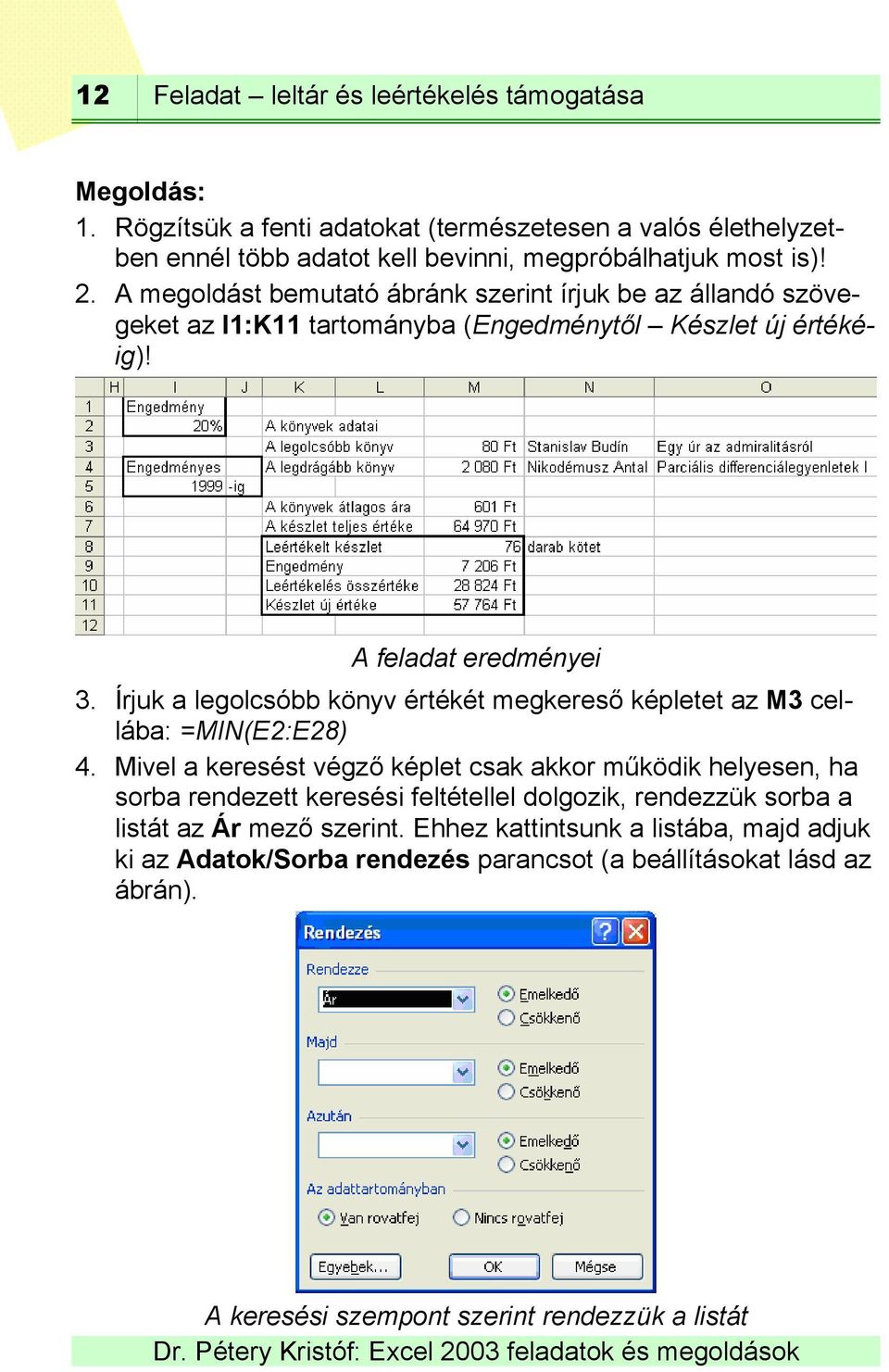 Írjuk a legolcsóbb könyv értékét megkereső képletet az M3 cellába: =MIN(E2:E28) 4.