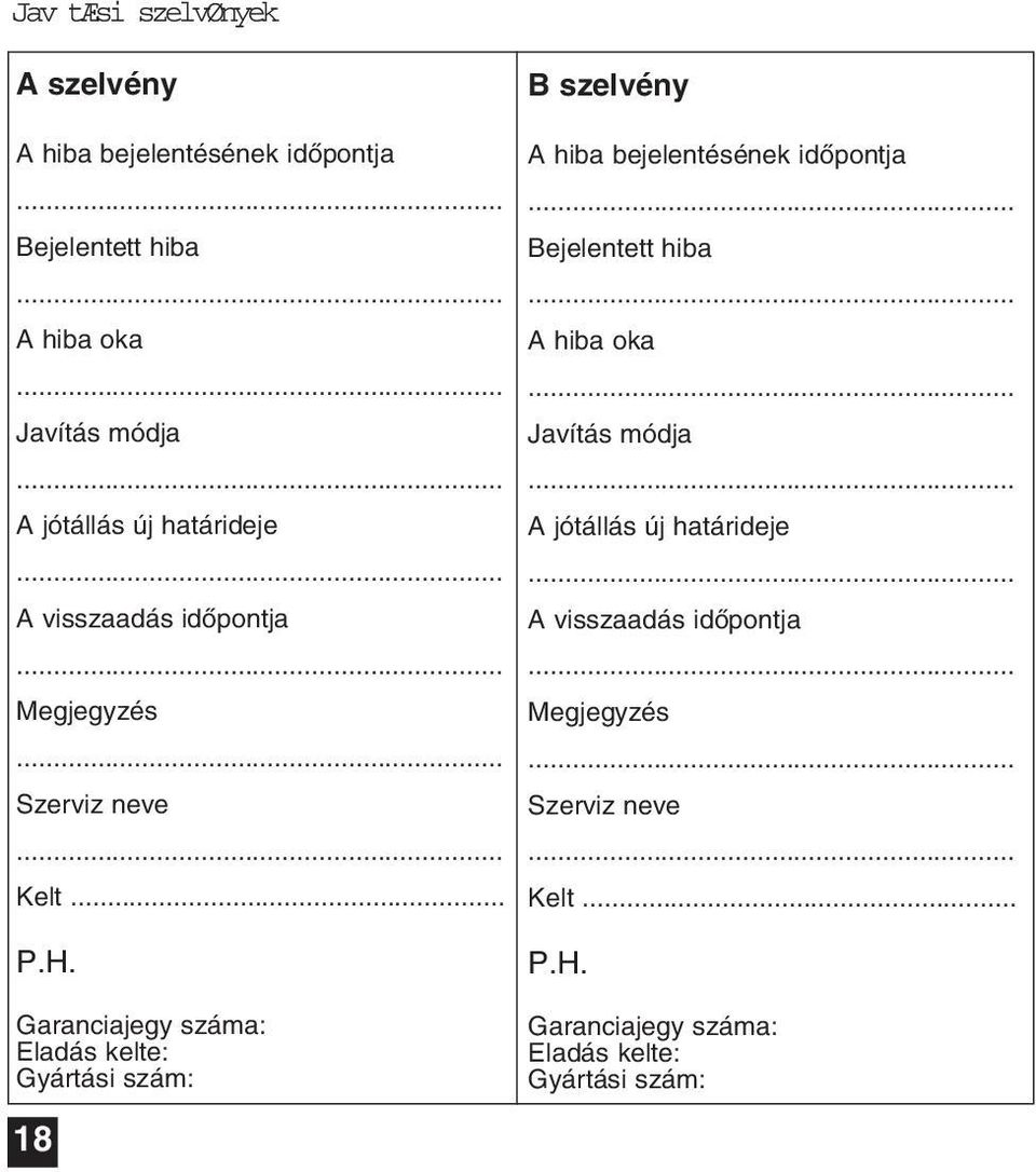 Garanciajegy száma: Eladás kelte: Gyártási szám: 18 B szelvény A hiba bejelentésének idõpontja Bejelentett hiba A