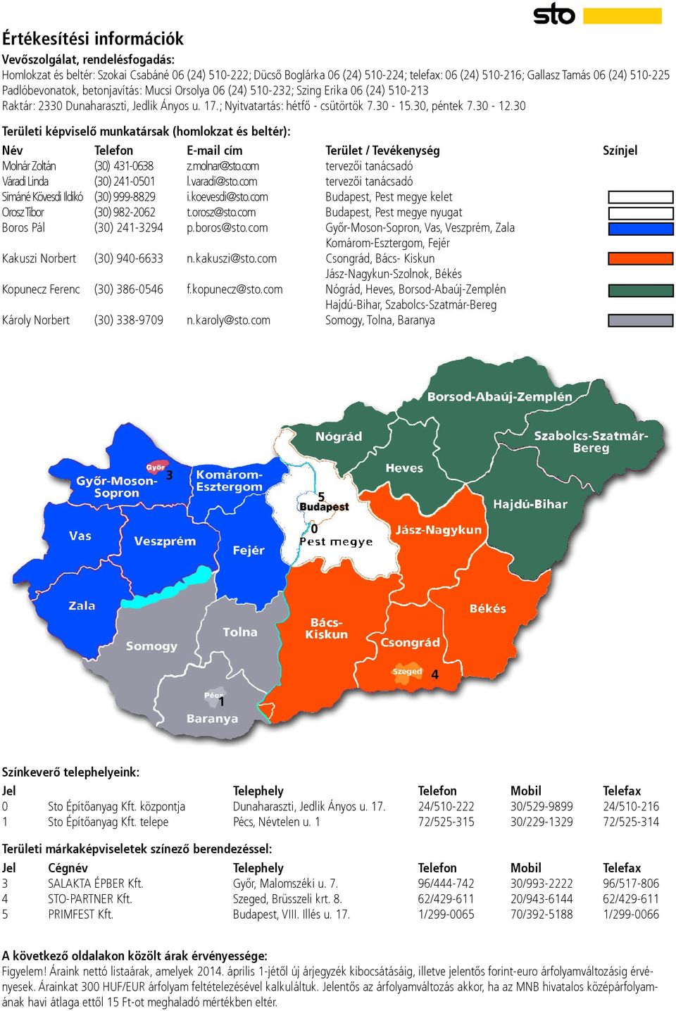 30 Területi képviselő munkatársak (homlokzat és beltér): Név Telefon E-mail cím Terület / Tevékenység Színjel Molnár Zoltán (30) 431-0638 z.molnar@sto.