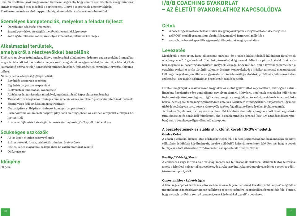 I/8/B Coaching gyakorlat az életút gyakorlathoz kapcsolódva Önreflexiós képesség, önismeret Személyes víziók, stratégiák megfogalmazásának képessége Jobb agyféltekés működés, személyes kreativitás,