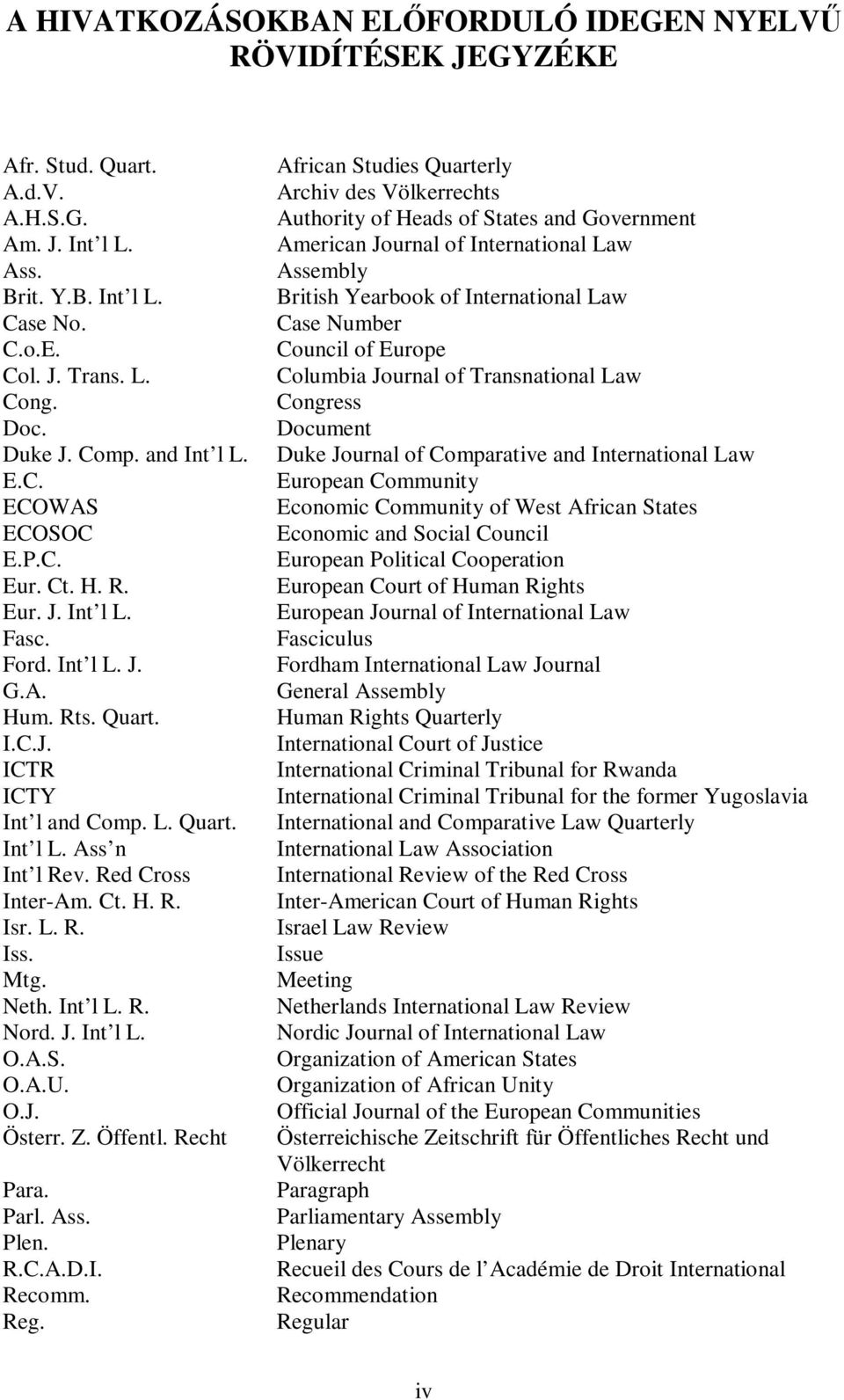 Red Cross Inter-Am. Ct. H. R. Isr. L. R. Iss. Mtg. Neth. Int l L. R. Nord. J. Int l L. O.A.S. O.A.U. O.J. Österr. Z. Öffentl. Recht Para. Parl. Ass. Plen. R.C.A.D.I. Recomm. Reg.