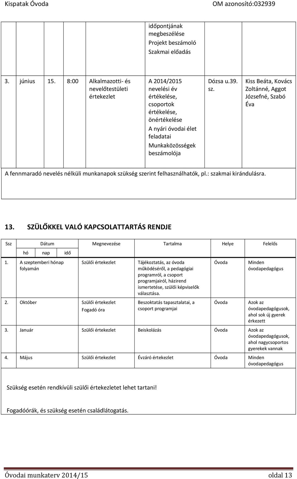 , Kovács Zoltánné, Aggot Józsefné, Szabó Éva A fennmaradó nevelés nélküli munkanapok szükség szerint felhasználhatók, pl.: szakmai kirándulásra. 13.