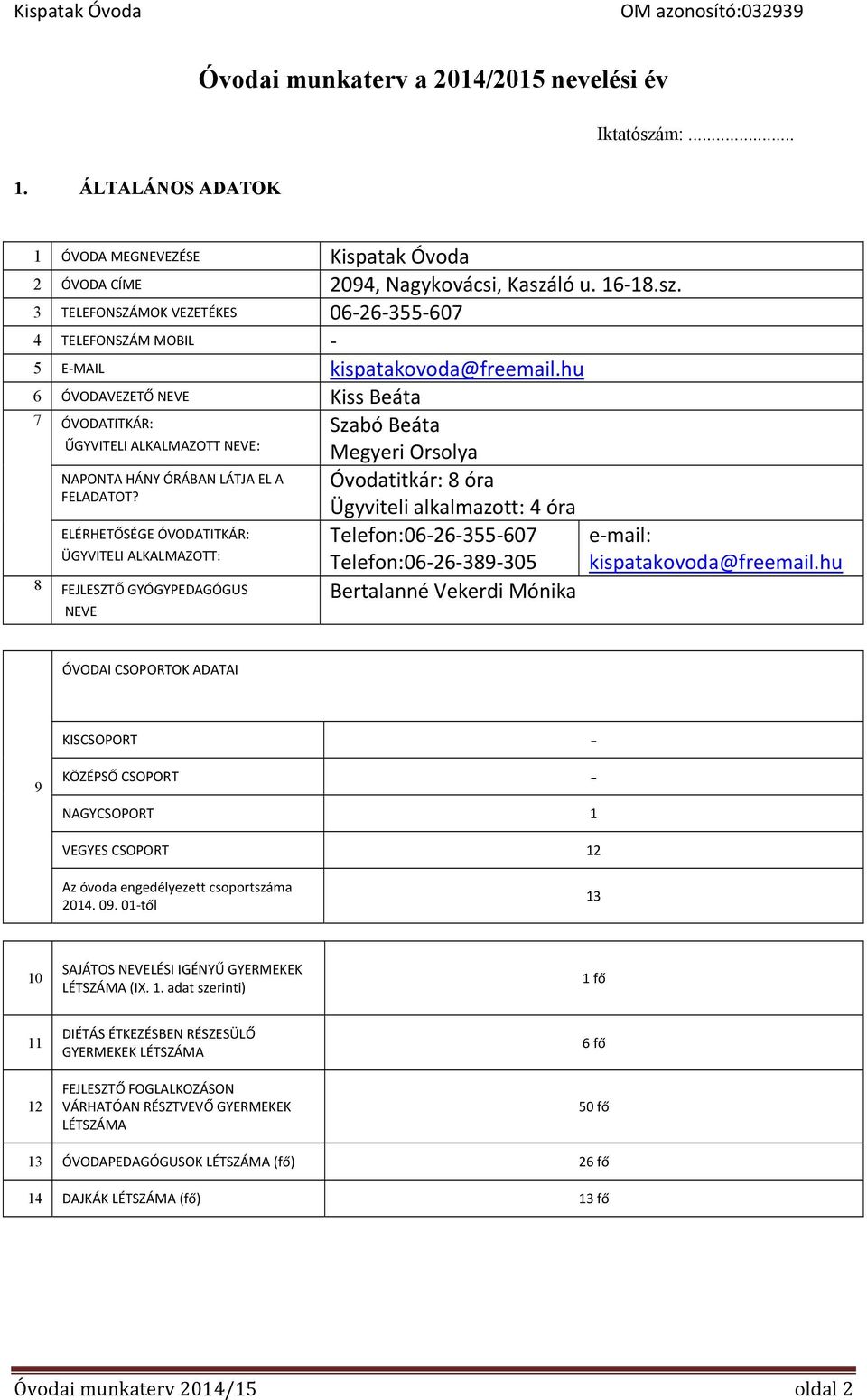 ELÉRHETŐSÉGE ÓVODATITKÁR: ÜGYVITELI ALKALMAZOTT: 8 FEJLESZTŐ GYÓGYPEDAGÓGUS NEVE Óvodatitkár: 8 óra Ügyviteli alkalmazott: 4 óra Telefon:06 26 355 607 Telefon:06 26 389 305 Bertalanné Vekerdi Mónika