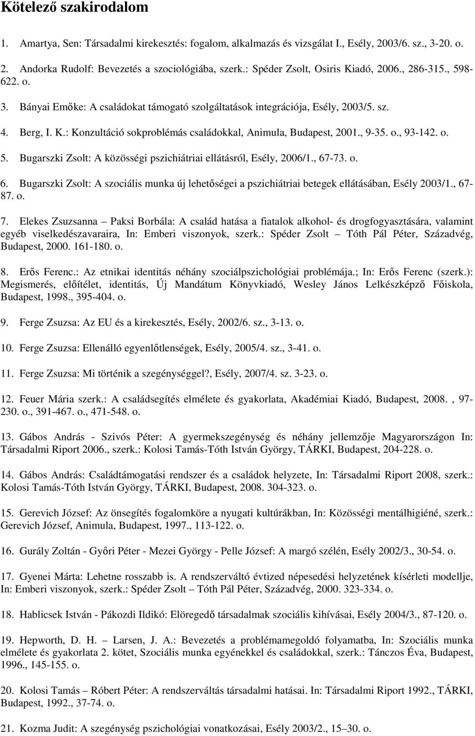 , 9-35. o., 93-142. o. 5. Bugarszki Zsolt: A közösségi pszichiátriai ellátásról, Esély, 2006/1., 67-73. o. 6. Bugarszki Zsolt: A szociális munka új lehetőségei a pszichiátriai betegek ellátásában, Esély 2003/1.