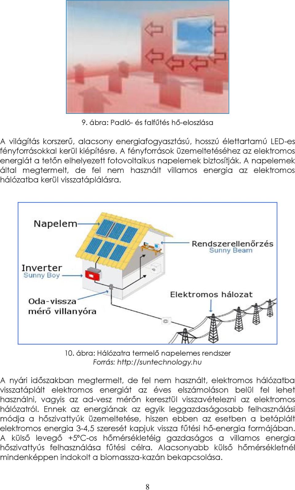 A napelemek által megtermelt, de fel nem használt villamos energia az elektromos hálózatba kerül visszatáplálásra. 10. ábra: Hálózatra termelő napelemes rendszer Forrás: http://suntechnology.