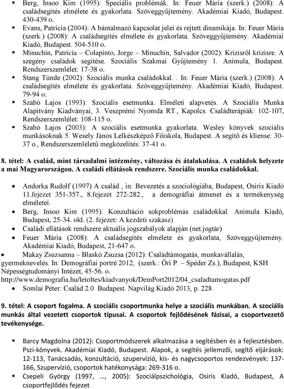 504-510 o. Minuchin, Patricia Colapinto, Jorge Minuchin, Salvador (2002): Krízisről krízisre. A szegény családok segítése. Szociális Szakmai Gyűjtemény 1. Animula, Budapest.