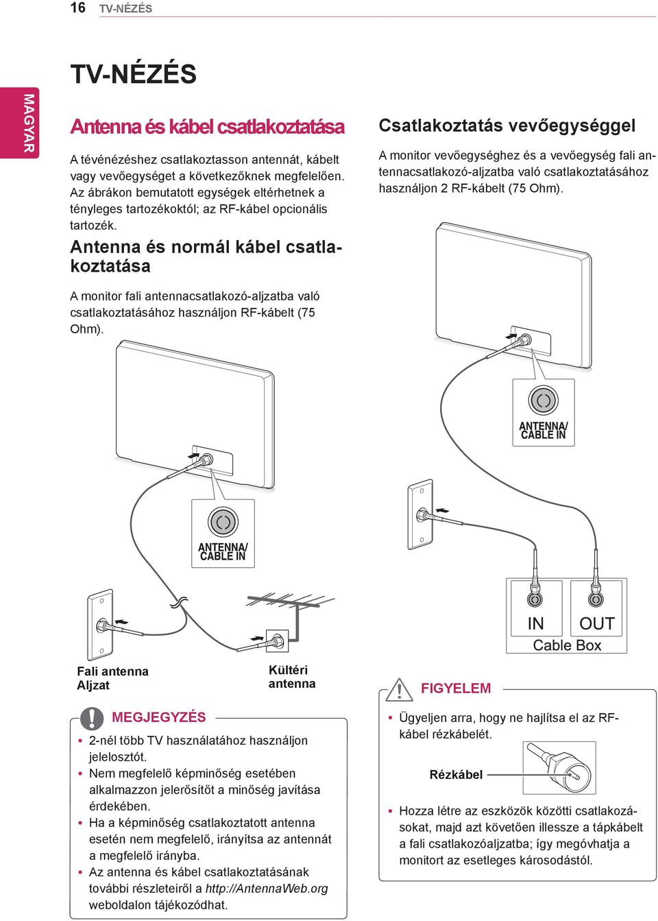 Antenna és normál kábel csatlakoztatása Csatlakoztatás vevőegységgel A monitor vevőegységhez és a vevőegység fali antennacsatlakozó-aljzatba való csatlakoztatásához használjon 2 RF-kábelt (75 Ohm).