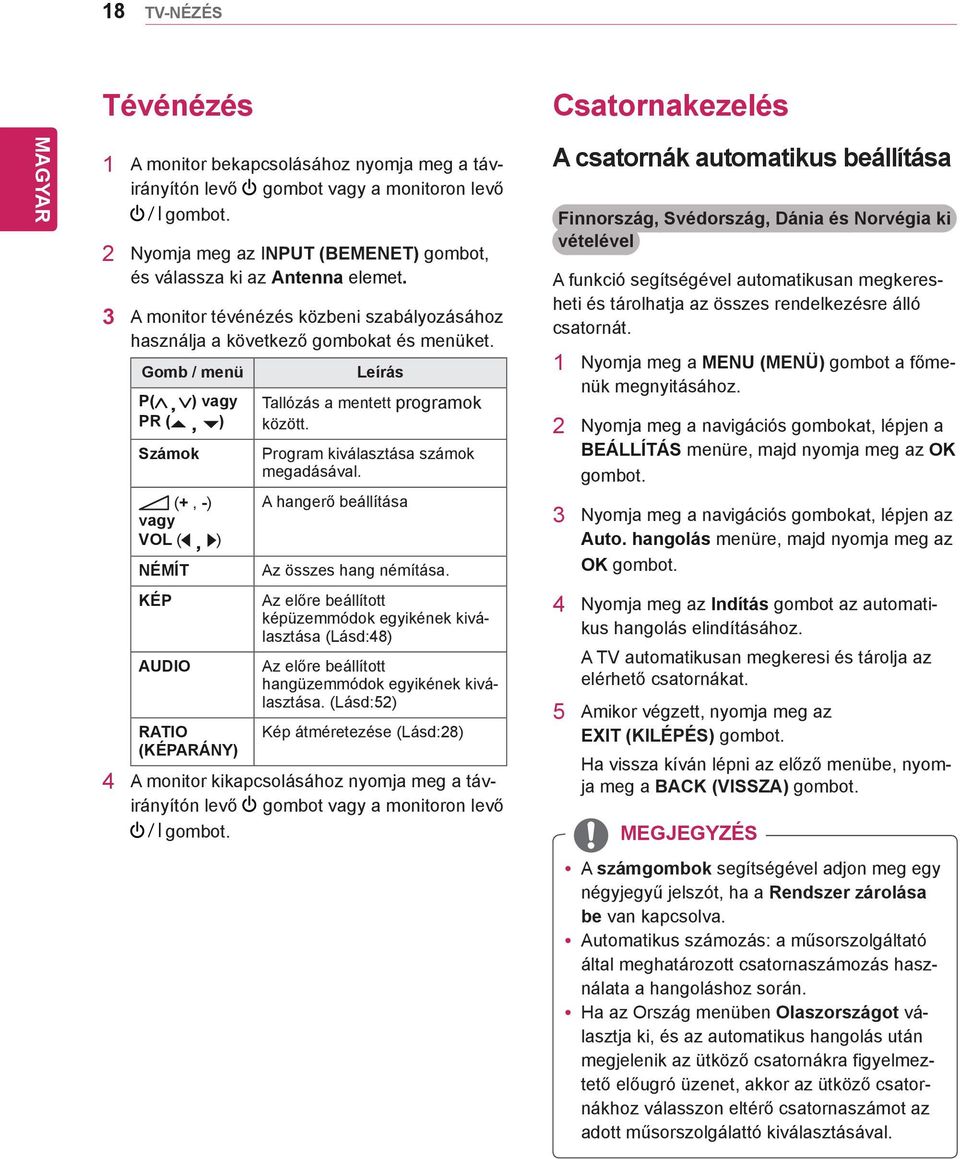 Gomb / menü P( ) vagy PR (, ) Számok (+, -) vagy VOL (, ) NÉMÍT KÉP AUDIO RATIO (KÉPARÁNY) Leírás Tallózás a mentett programok között. Program kiválasztása számok megadásával.