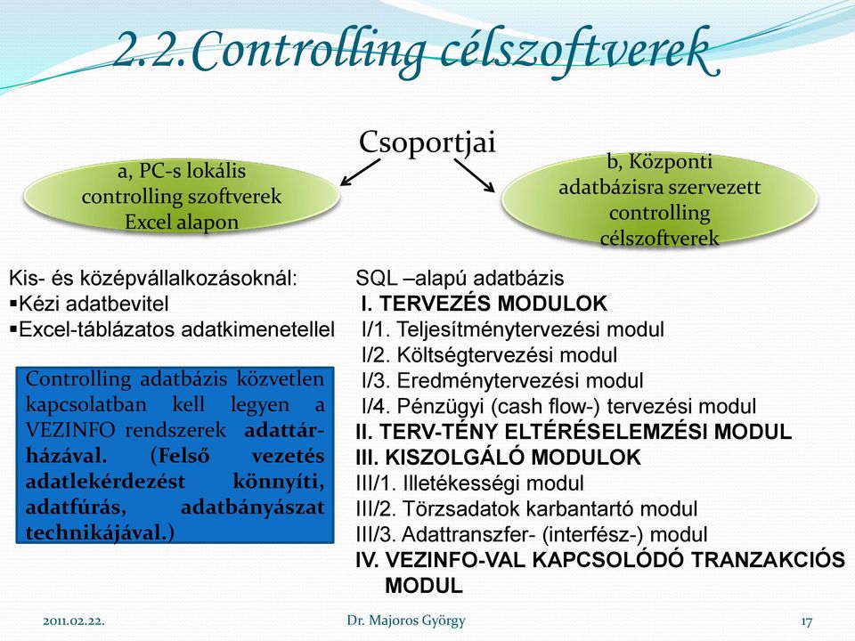 (Felső vezetés adatlekérdezést könnyíti, adatfúrás, adatbányászat technikájával.) SQL alapú adatbázis I. TERVEZÉS MODULOK I/1. Teljesítménytervezési modul I/2. Költségtervezési modul I/3.