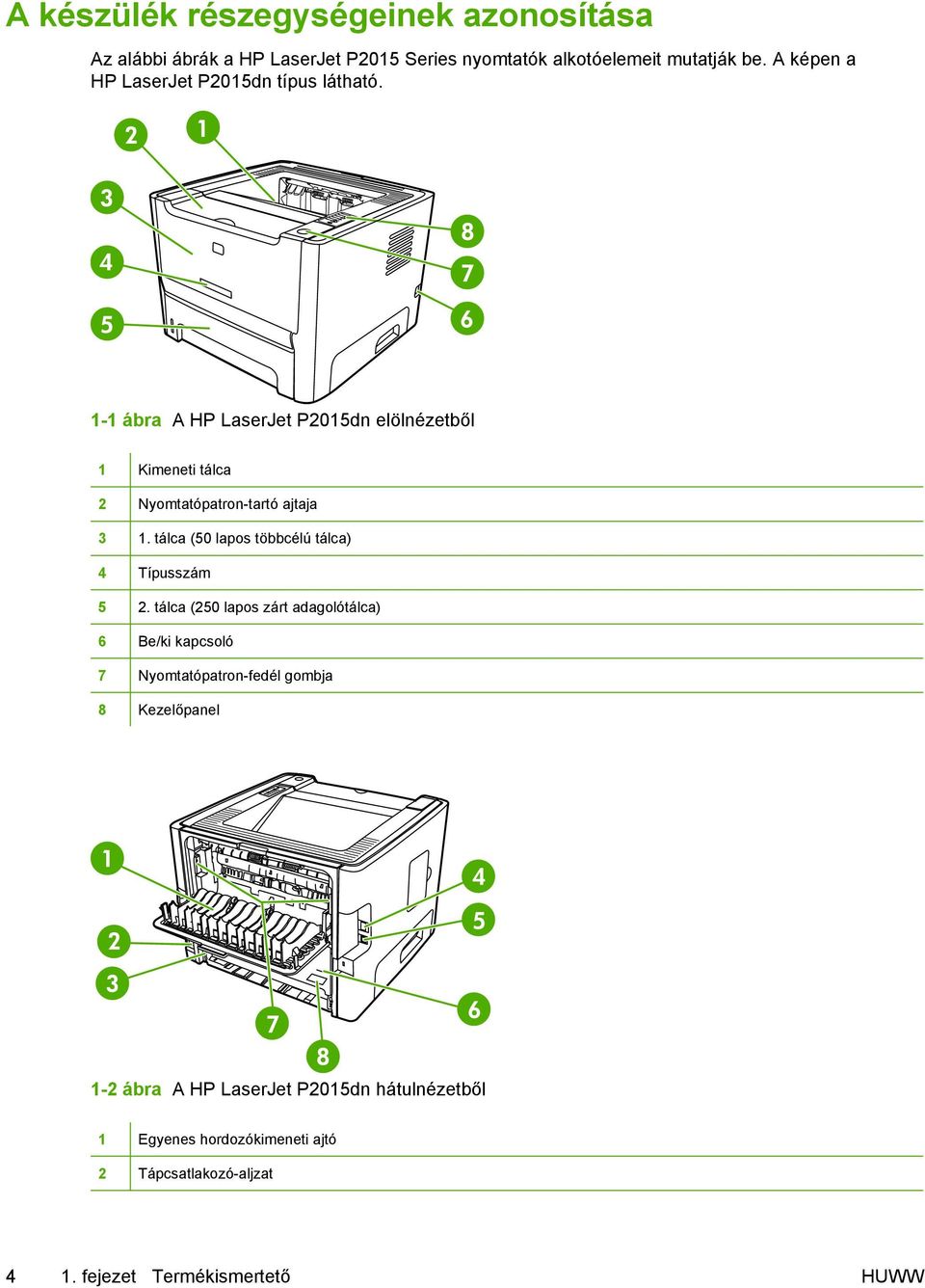 1-1 ábra A HP LaserJet P2015dn elölnézetből 1 Kimeneti tálca 2 Nyomtatópatron-tartó ajtaja 3 1.