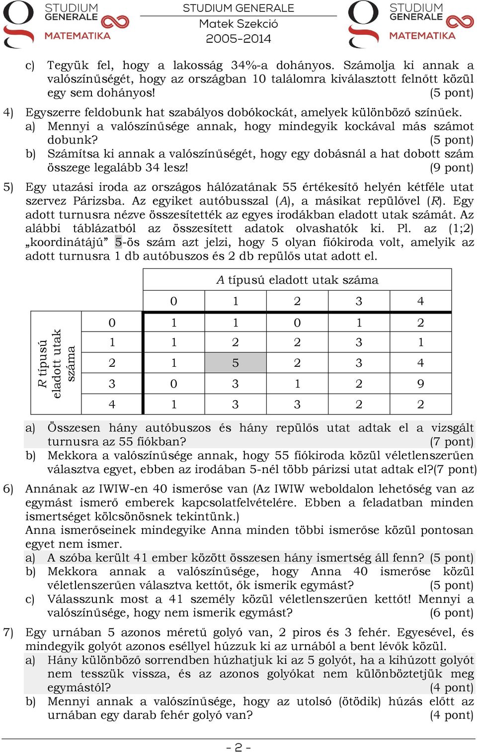 b) Számítsa ki annak a valószínűségét, hogy egy dobásnál a hat dobott szám összege legalább 34 lesz!