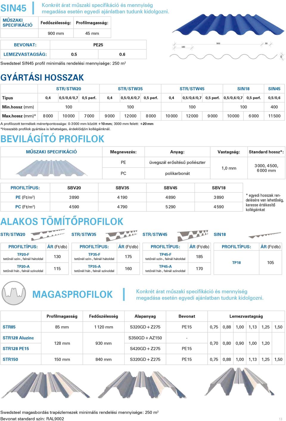 6 45 Swedsteel SIN45 profil minimális rendelési mennyisége: 250 m 2 Gyártási hosszak bevilágító profilok Str/Stw20 Str/Stw35 Str/Stw45 Sin18 Sin45 Típus 0,4 0,5/0,6/0,7 0,5 perf.