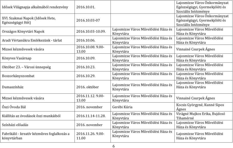 12. 9.00- Őszi Bál 2016. november Gerébi Kúria Kiállítás az óvodások őszi munkáiból 2016.11.14-11.28. Színházi előadás Fabrikáló - kreatív kézműves foglalkozás a 2016. november 2016.11.26. 9.00-11.