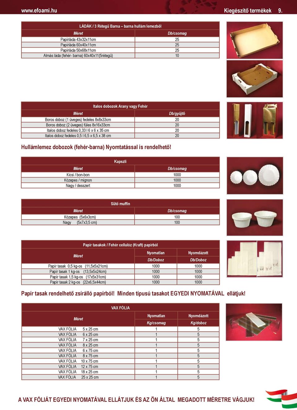 Boros doboz (1 üveges) fedeles 8x8x33cm 20 Boros doboz (2 üveges) füles 8x16x33cm 20 Italos doboz fedeles 0,33 l 6 x 6 x 35 cm 20 Italos doboz fedeles 0,5 l 6,5 x 6,5 x 38 cm 20 Hullámlemez dobozok
