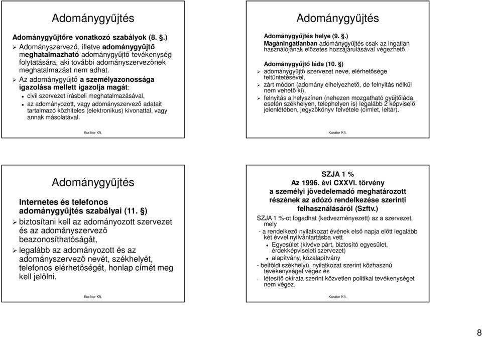 Az adománygyűjtő a személyazonossága igazolása mellett igazolja magát: civil szervezet írásbeli meghatalmazásával, az adományozott, vagy adományszervező adatait tartalmazó közhiteles (elektronikus)