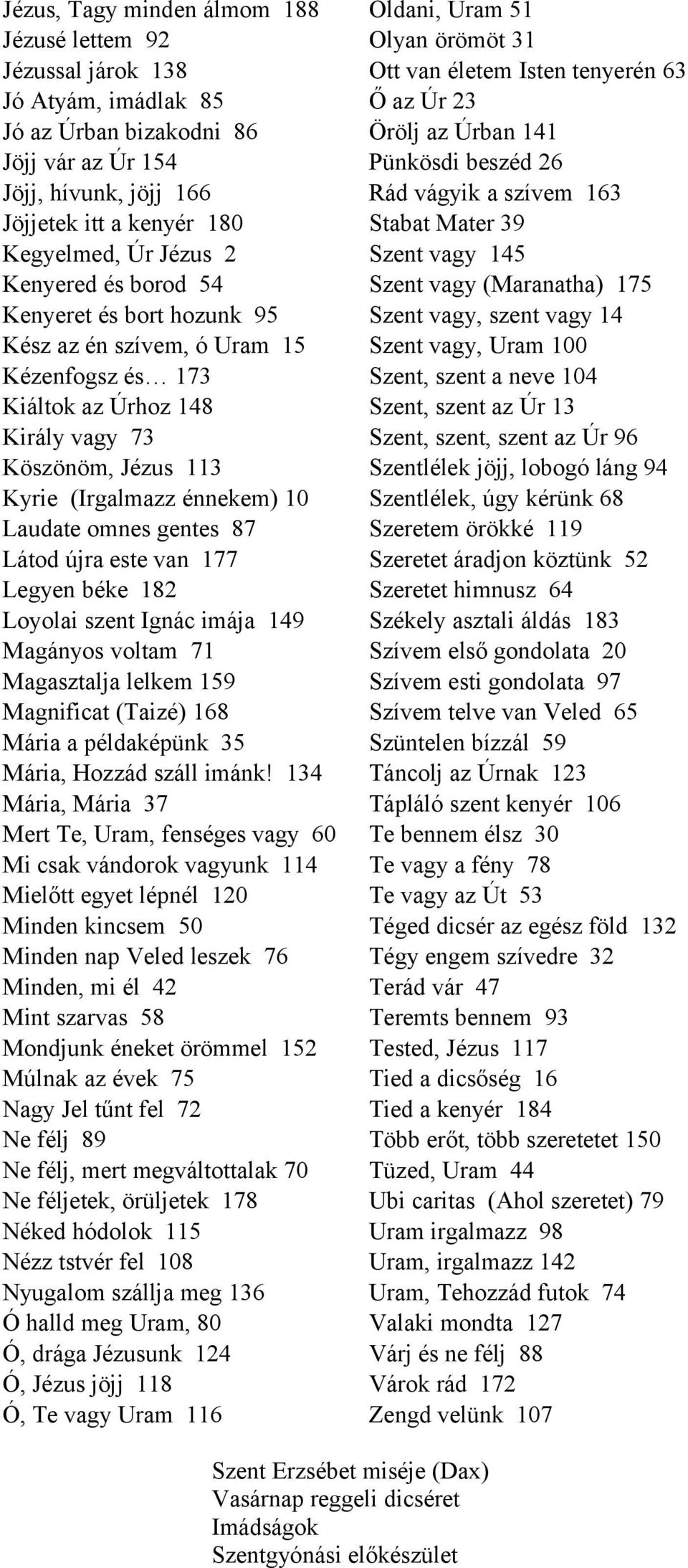 Szent vagy (Maranatha) 175 Kenyeret és bort hozunk 95 Szent vagy, szent vagy 14 Kész az én szívem, ó Uram 15 Szent vagy, Uram 100 Kézenfogsz és 173 Szent, szent a neve 104 Kiáltok az Úrhoz 148 Szent,