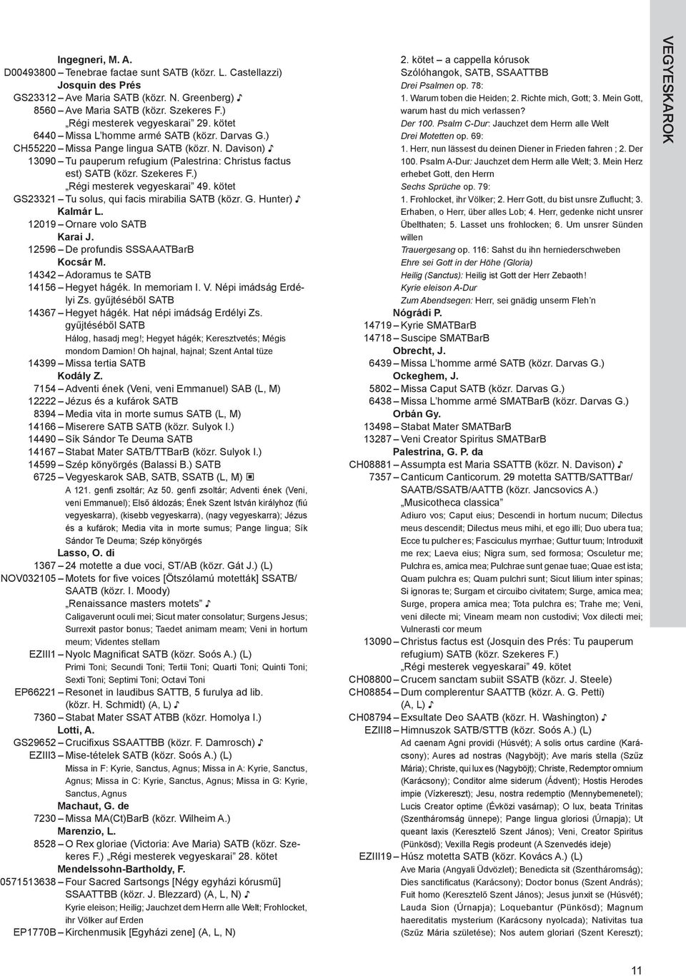 Davison) 13090 Tu pauperum refugium (Palestrina: Christus factus est) SATB (közr. Szekeres F.) Régi mesterek vegyeskarai 49. kötet GS23321 Tu solus, qui facis mirabilia SATB (közr. G. Hunter) kalmár L.