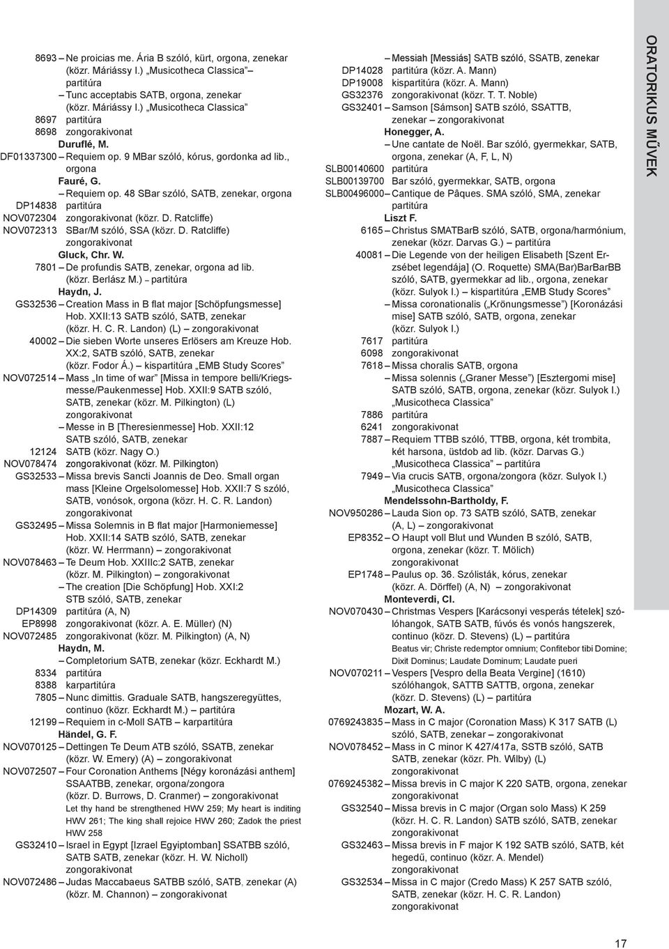 D. Ratcliffe) gluck, Chr. W. 7801 De profundis SATB, zenekar, orgona ad lib. (közr. Berlász M.) partitúra Haydn, J. GS32536 Creation Mass in B flat major [Schöpfungsmesse] Hob.
