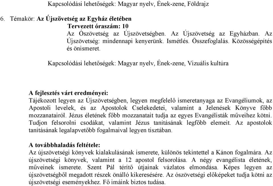 , Vizuális kultúra A fejlesztés várt eredményei: Tájékozott legyen az Újszövetségben, legyen megfelelő ismeretanyaga az Evangéliumok, az Apostoli levelek, és az Apostolok Cselekedetei, valamint a