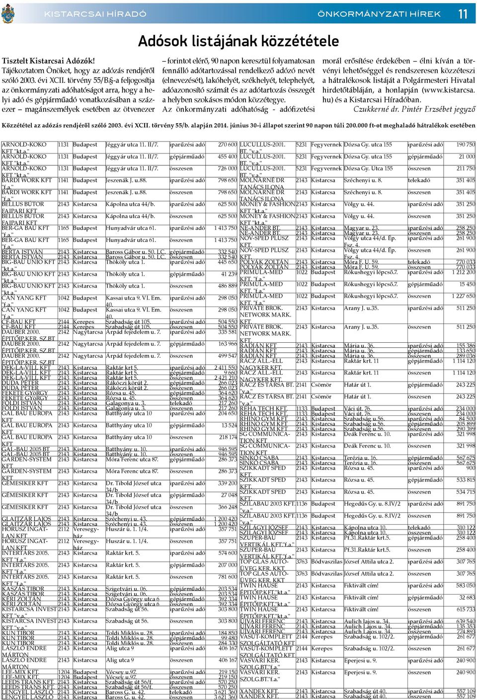 napon keresztül folyamatosan fennálló adótartozással rendelkező adózó nevét (elnevezését), lakóhelyét, székhelyét, telephelyét, adóazonosító számát és az adótartozás összegét a helyben szokásos módon