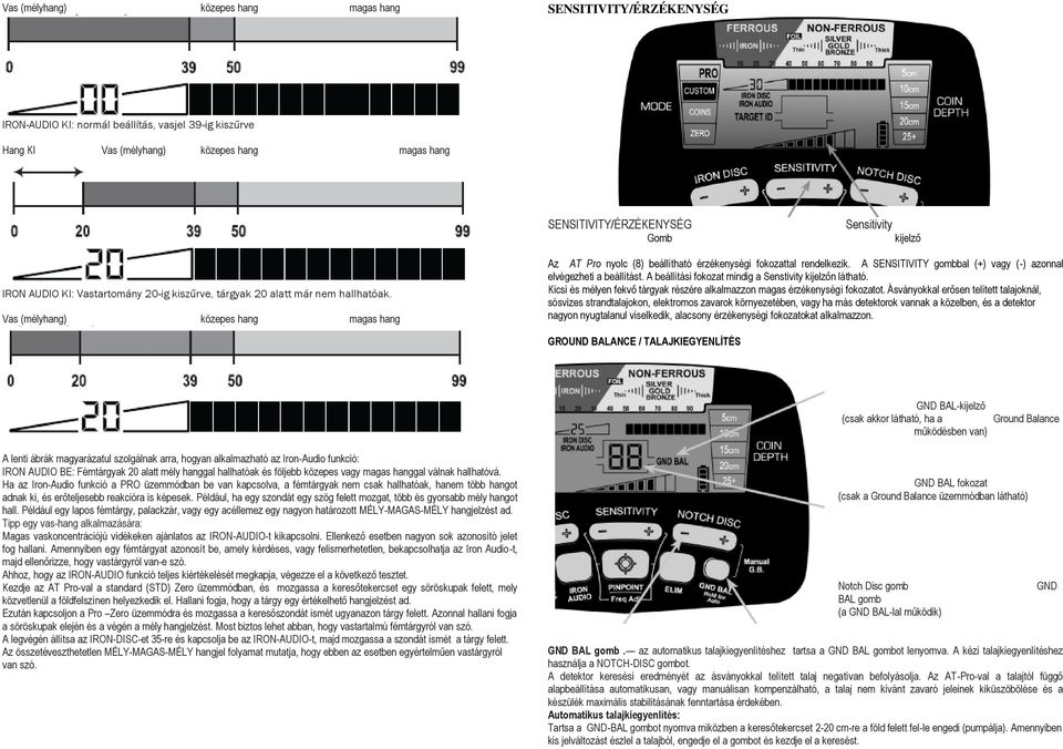 Vas (mélyhang) közepes hang magas hang Az AT Pro nyolc (8) beállítható érzékenységi fokozattal rendelkezik. A SENSITIVITY gombbal (+) vagy (-) azonnal elvégezheti a beállítást.
