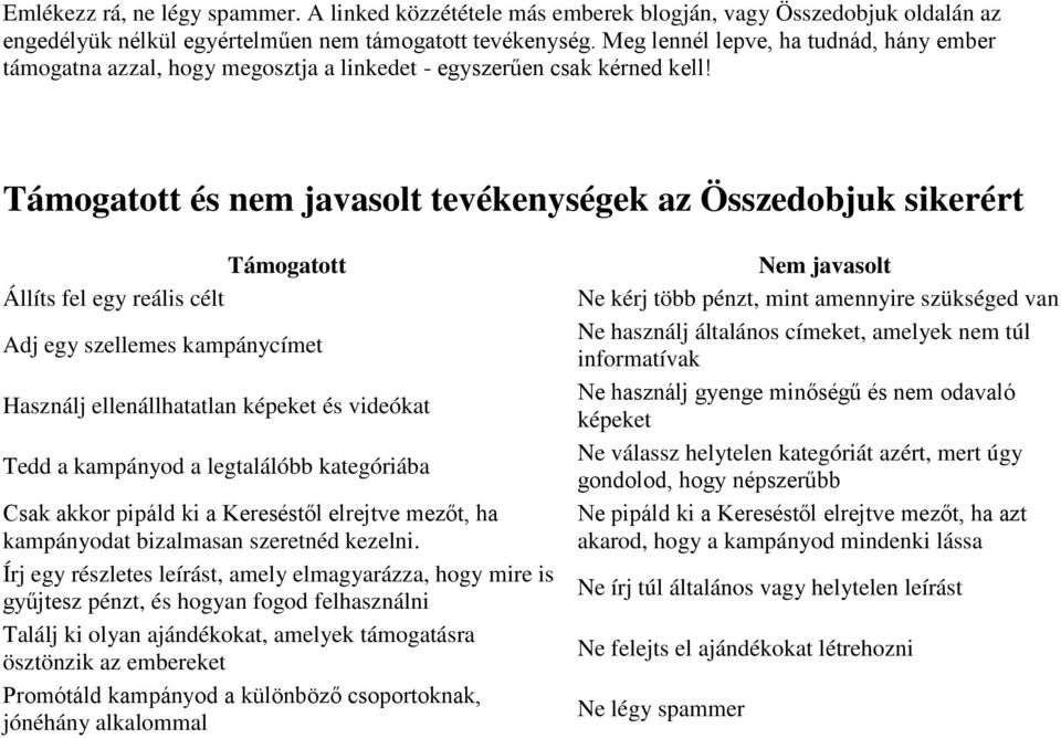 Támogatott és nem javasolt tevékenységek az Összedobjuk sikerért Támogatott Állíts fel egy reális célt Adj egy szellemes kampánycímet Használj ellenállhatatlan képeket és videókat Tedd a kampányod a