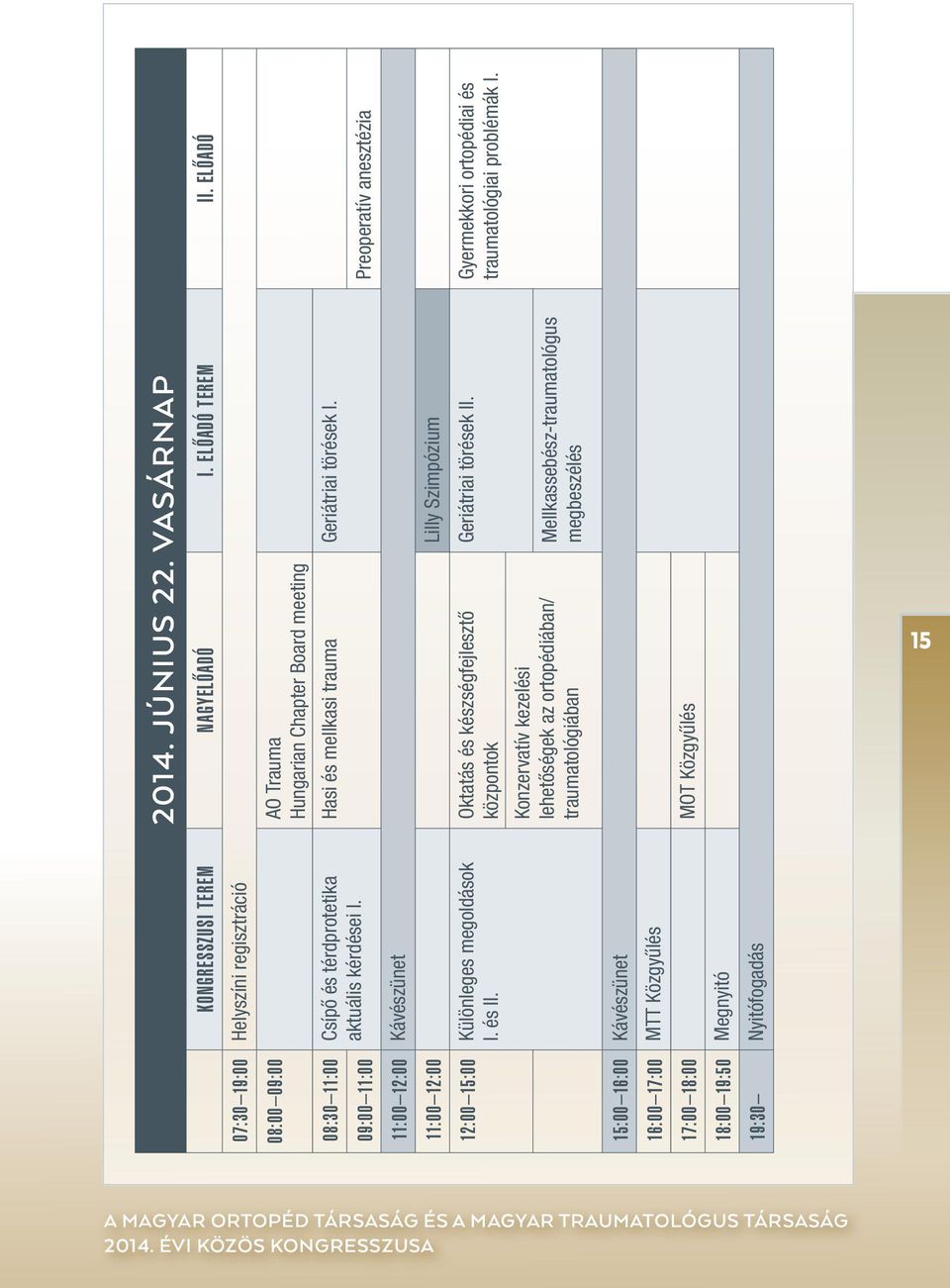 aktuális kérdései I. 09:00 :00 Preoperatív anesztézia :00 2:00 Kávészünet :00 2:00 Lilly Szimpózium Geriátriai törések II. Gyermekkori ortopédiai és traumatológiai problémák I.