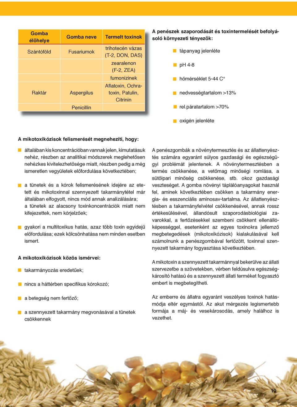 páratartalom >70% oxigén jelenléte A mikotoxikózisok felismerését megnehezíti, hogy: általában kis koncentrációban vannak jelen, kimutatásuk nehéz, részben az analitikai módszerek meglehetősen