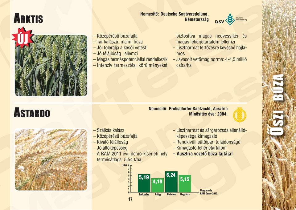 csíra/ha ASTARDO Szálkás kalász Kö zépérésû bú zafajta Kiváló télállóság Jó állóképesség A RAM 11 évi, demo-kísérleti hely termésátlaga: 5.