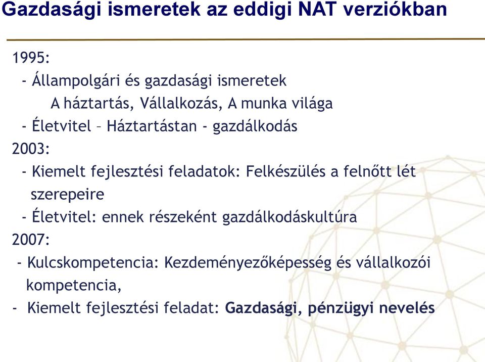 Felkészülés a felnőtt lét szerepeire - Életvitel: ennek részeként gazdálkodáskultúra 2007: -