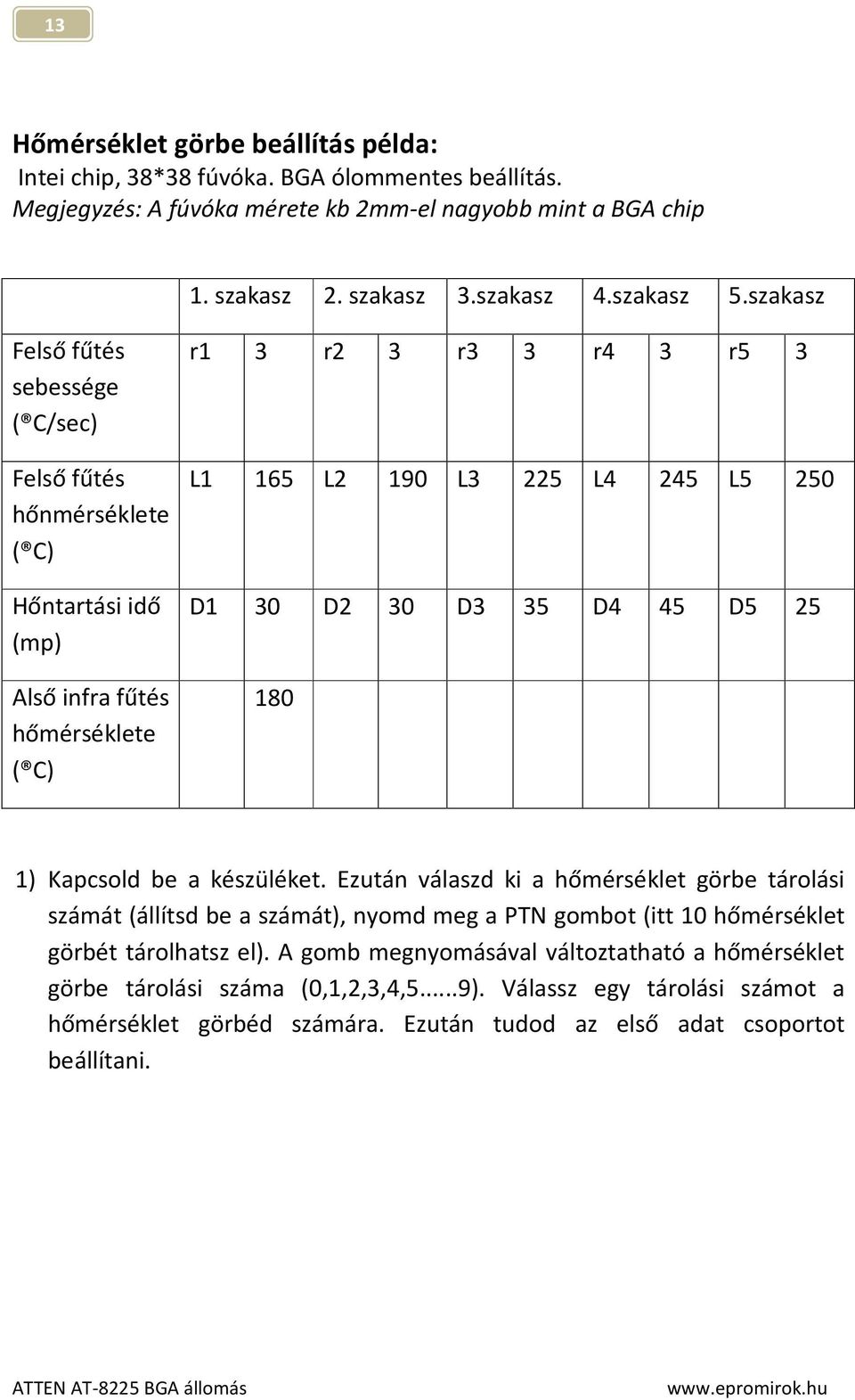 30 D3 35 D4 45 D5 25 180 1) Kapcsold be a készüléket. Ezután válaszd ki a hőmérséklet görbe tárolási számát (állítsd be a számát), nyomd meg a PTN gombot (itt 10 hőmérséklet görbét tárolhatsz el).