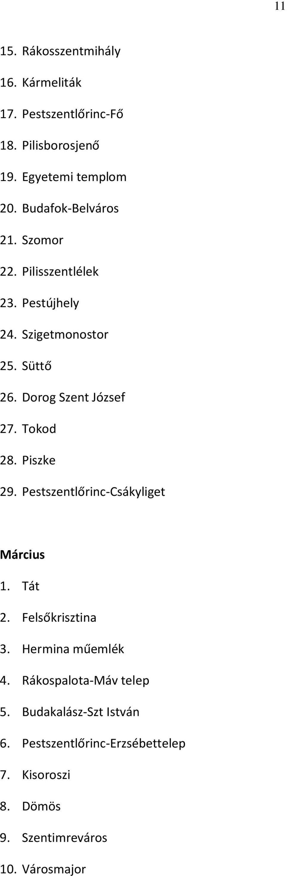 Dorog Szent József 27. Tokod 28. Piszke 29. Pestszentlőrinc-Csákyliget Március 1. Tát 2. Felsőkrisztina 3.