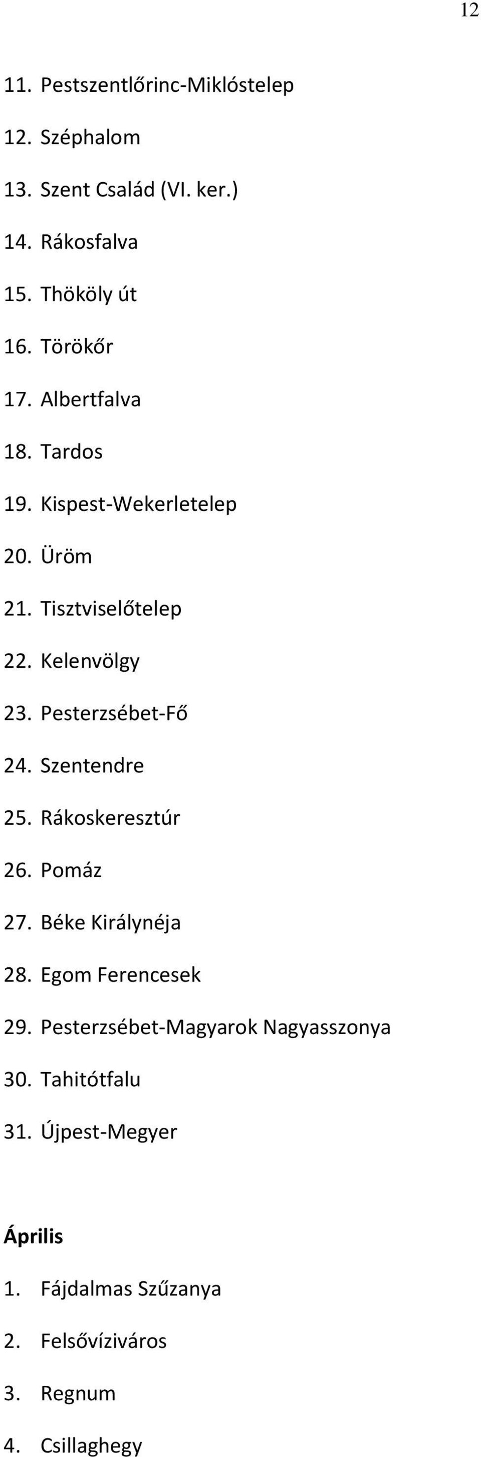 Pesterzsébet-Fő 24. Szentendre 25. Rákoskeresztúr 26. Pomáz 27. Béke Királynéja 28. Egom Ferencesek 29.