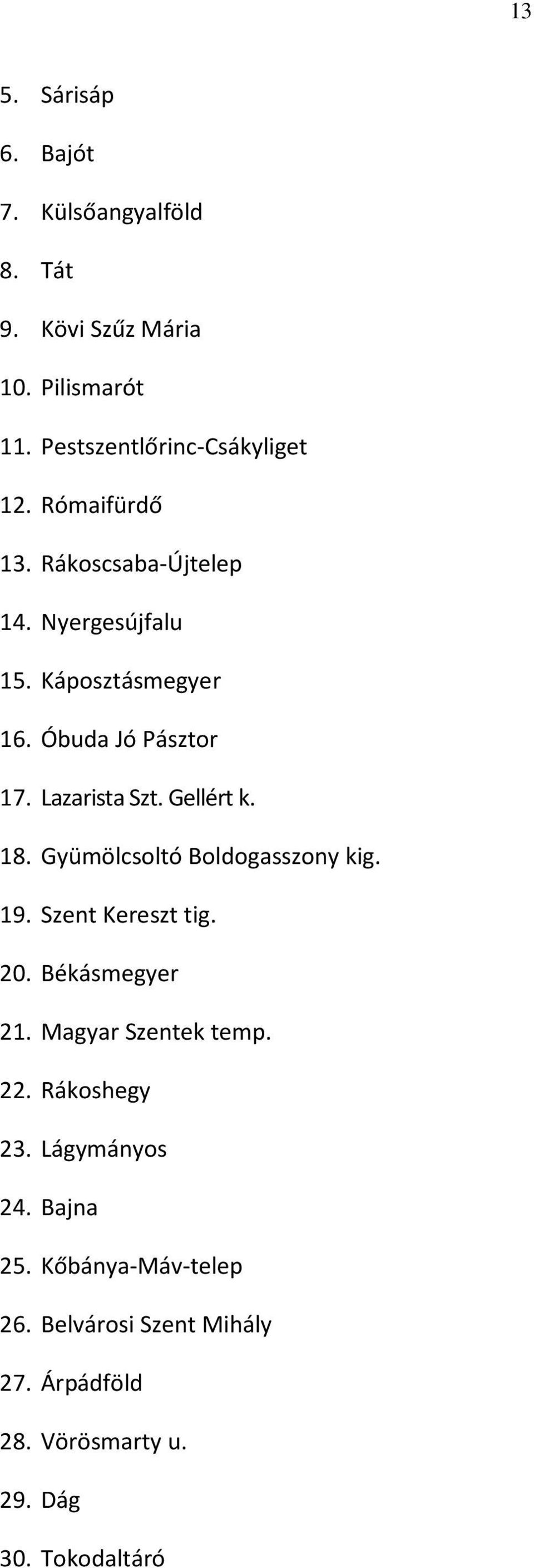 Gellért k. 18. Gyümölcsoltó Boldogasszony kig. 19. Szent Kereszt tig. 20. Békásmegyer 21. Magyar Szentek temp. 22.