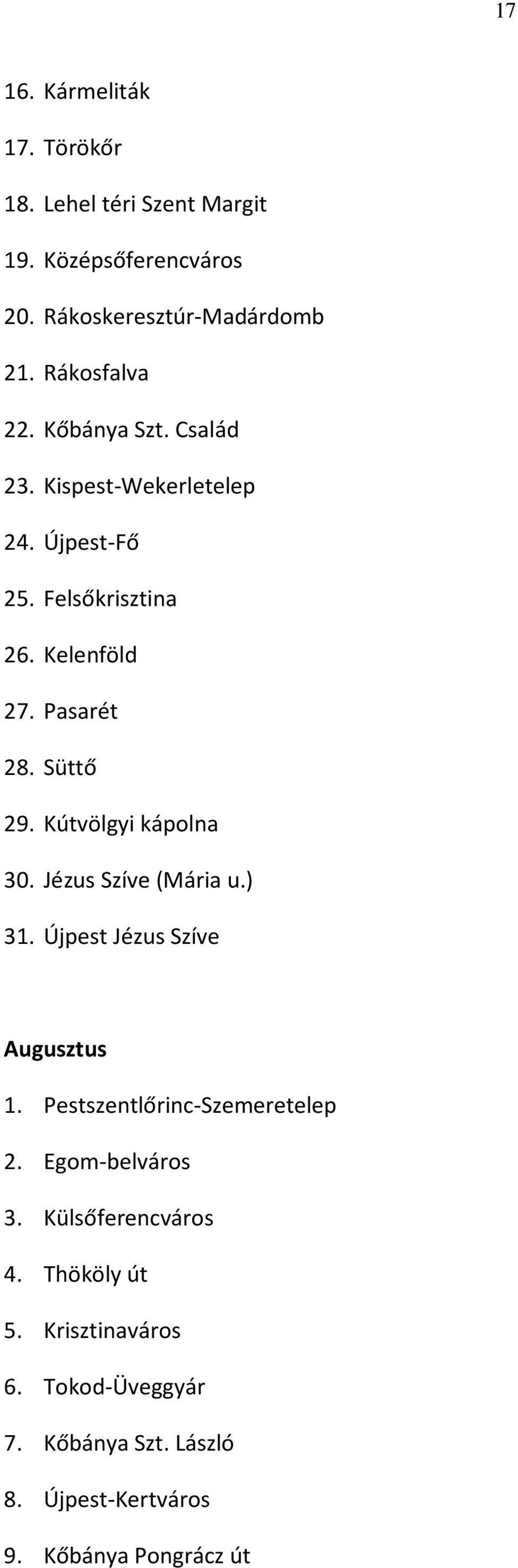 Kútvölgyi kápolna 30. Jézus Szíve (Mária u.) 31. Újpest Jézus Szíve Augusztus 1. Pestszentlőrinc-Szemeretelep 2.