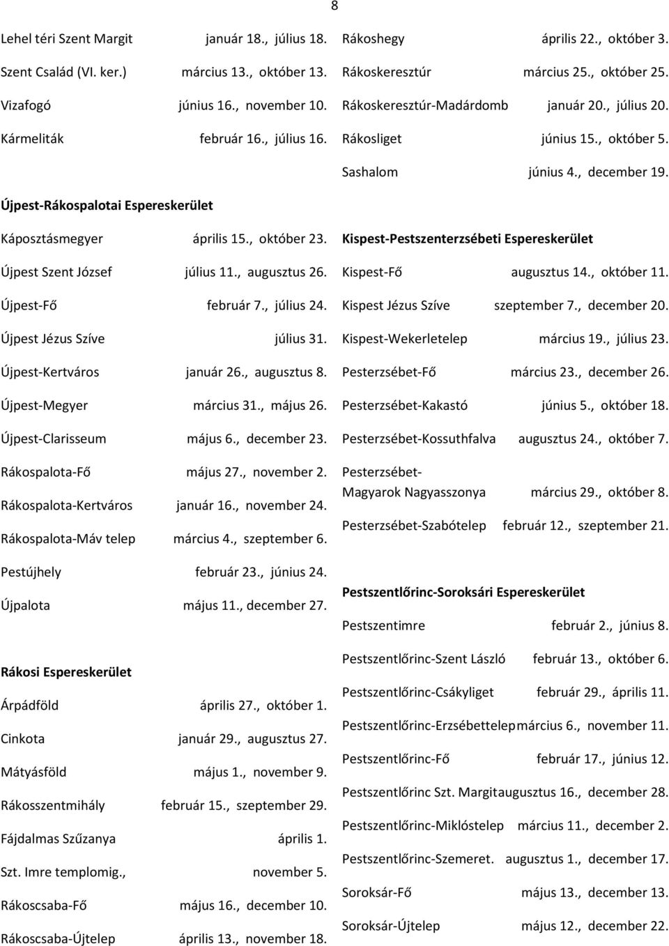 Újpest-Rákospalotai Espereskerület Káposztásmegyer április 15., október 23. Újpest Szent József július 11., augusztus 26. Újpest-Fő február 7., július 24. Újpest Jézus Szíve július 31.