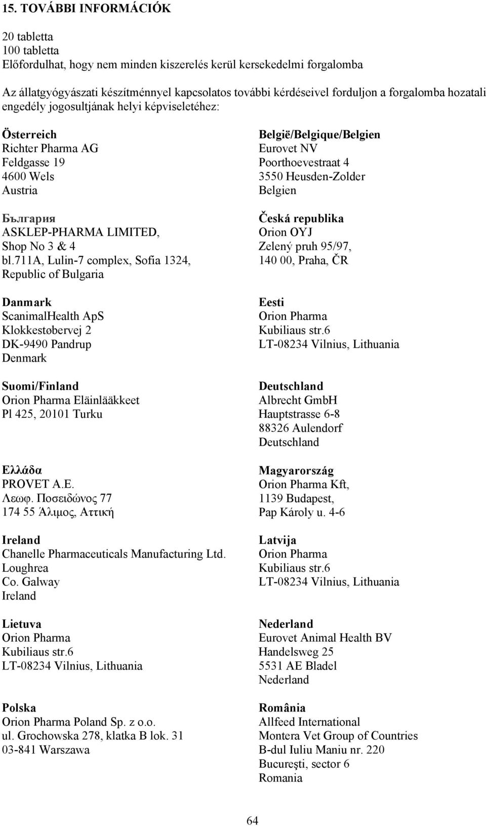 711a, Lulin-7 complex, Sofia 1324, Republic of Bulgaria Danmark ScanimalHealth ApS Klokkestøbervej 2 DK-9490 Pandrup Denmark Suomi/Finland Eläinlääkkeet Pl 425, 20101 Turku Ελλάδα PROVET A.E. Λεωφ.