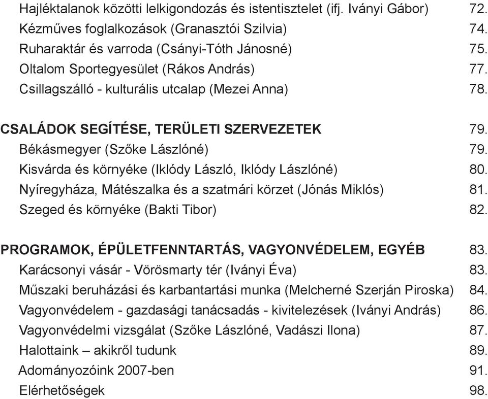 Kisvárda és környéke (Iklódy László, Iklódy Lászlóné) 80. Nyíregyháza, Mátészalka és a szatmári körzet (Jónás Miklós) 81. Szeged és környéke (Bakti Tibor) 82.