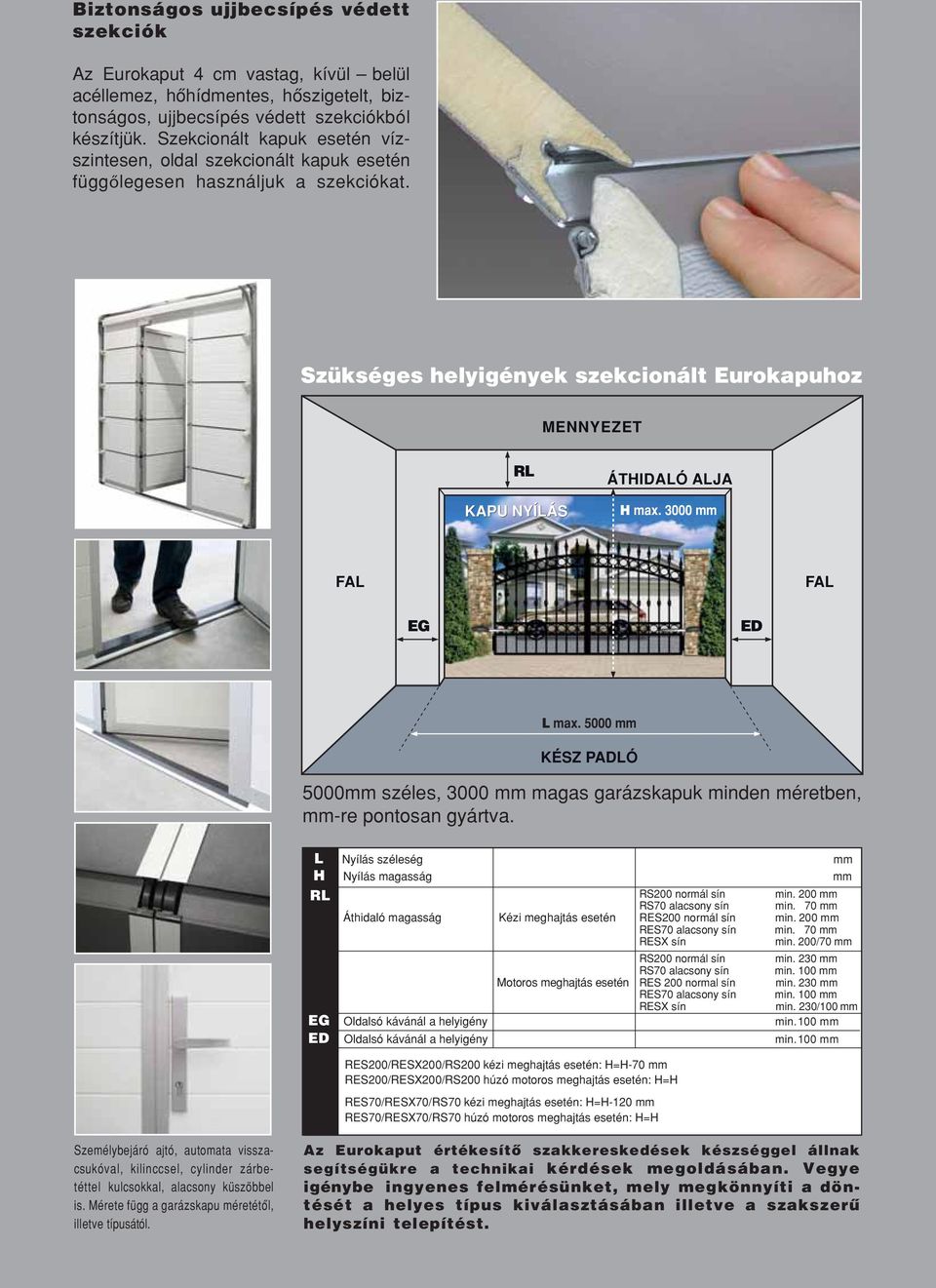3000 mm FAL FAL EG ED L max. 5000 mm KÉSZ PADLÓ 5000mm széles, 3000 mm magas garázskapuk minden méretben, mm-re pontosan gyártva. L Nyílás széleség mm H Nyílás magasság mm RL RS200 normál sín min.