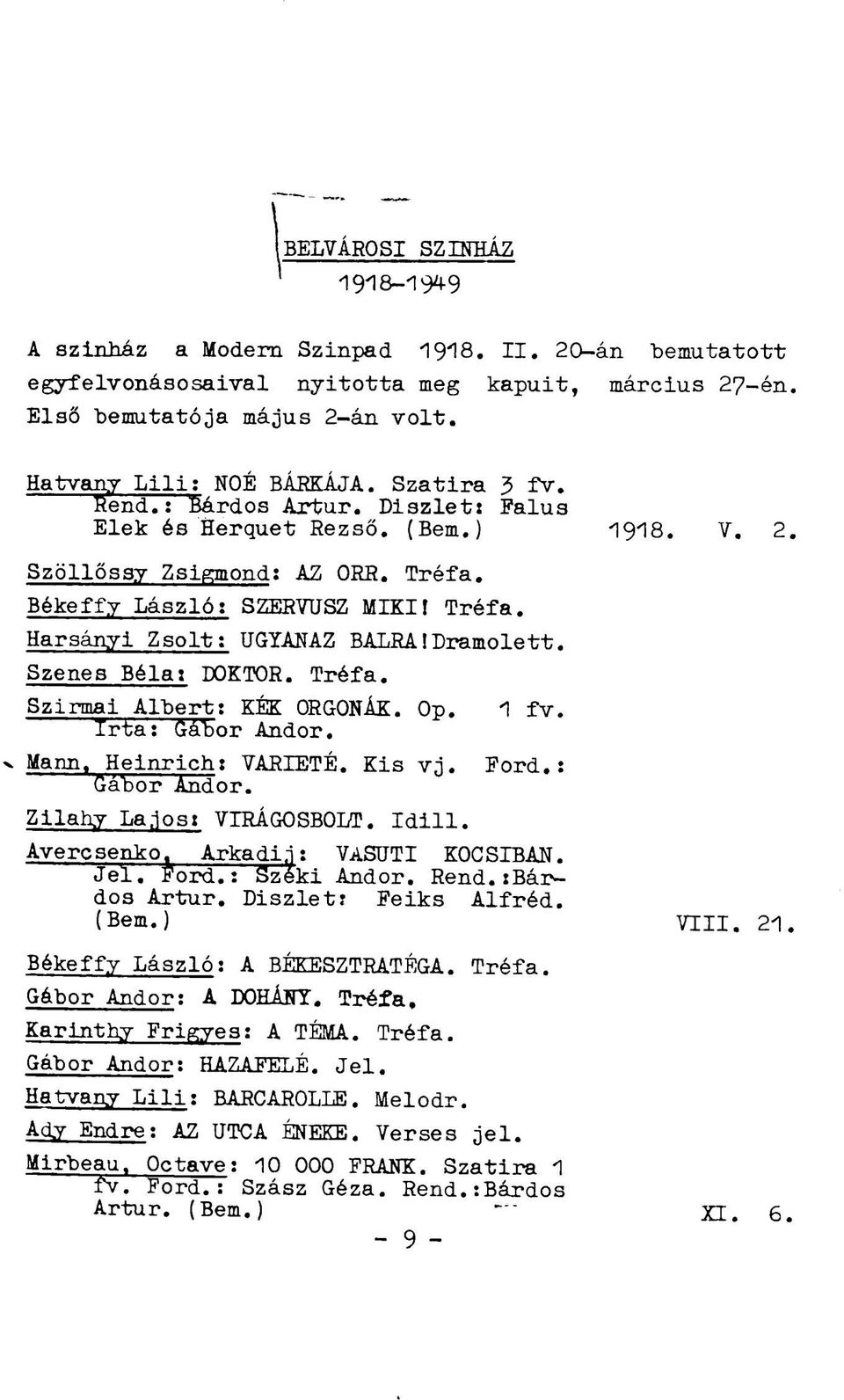 Szenes Béla: DOKTOR. Tréfa. Szirmai Albert: KÉK ORGONÁK. Op. 1 fv. Irta: Gábor Andor. X Mann. Heinrich: VARIETÉ. Kis vj. Ford.: Gábor Andor. Zilahy Lajos: VIRÁGOSBOLT. Idill. Avercsenko, Árkadi.